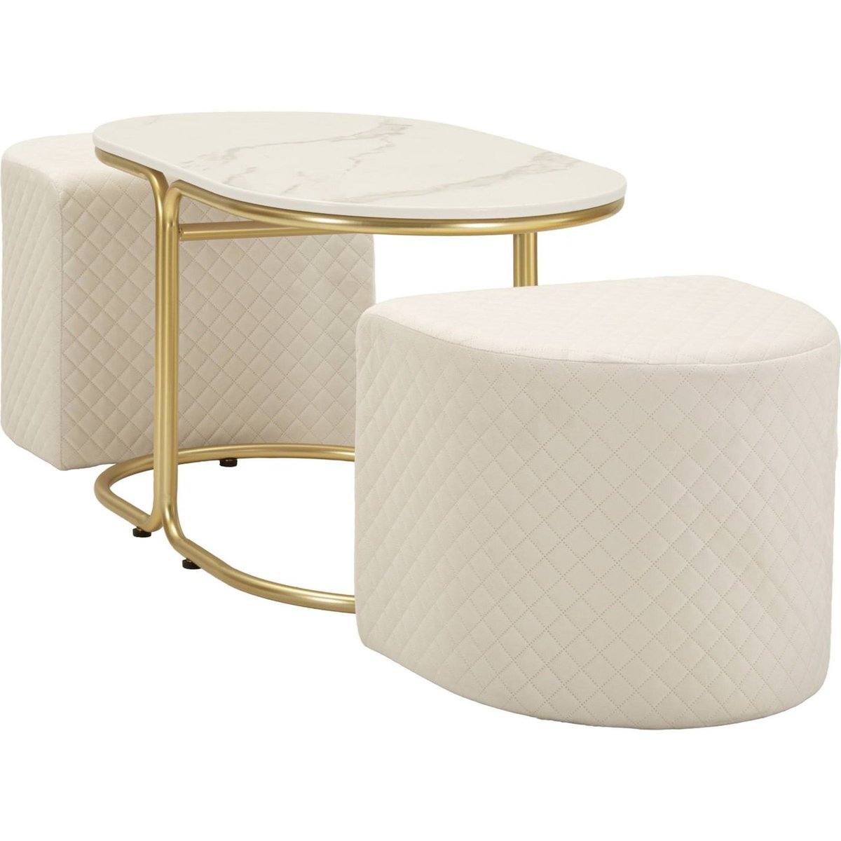 Table basse effet marbre avec 2 poufs MODERN blanc et doré, RECOLLECTION