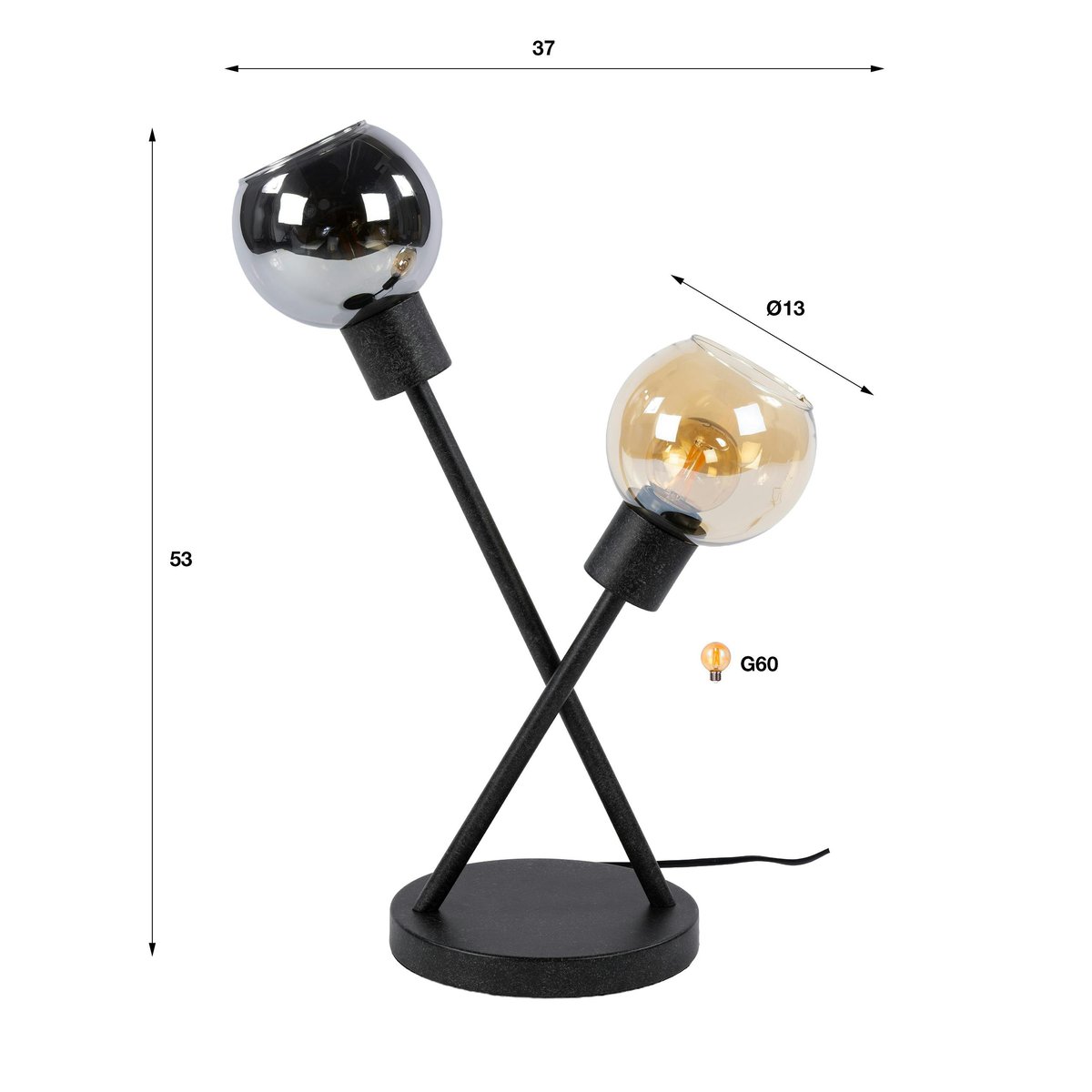 Lampe de salon 2 torches verre ambré et chromé NIAGARA noir, PIER IMPORT