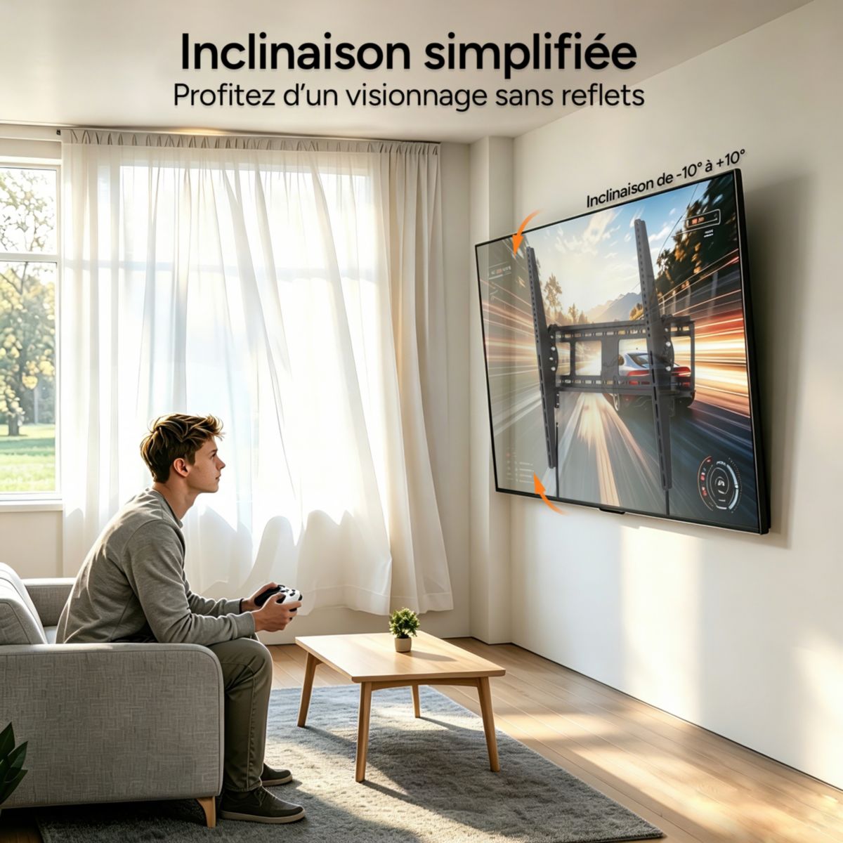 Support mural TV télé orientable 65''-100'' couleur unique, ESSENTIEL B