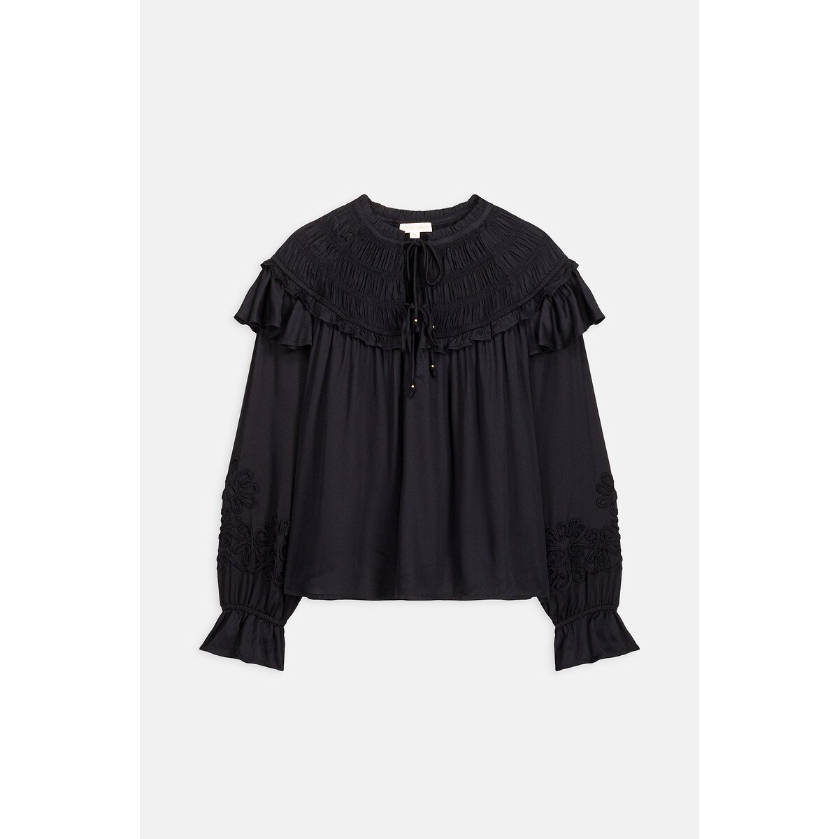 Blouse smockée et brodée à volants, PAOLINA noir, LOUISE MISHA