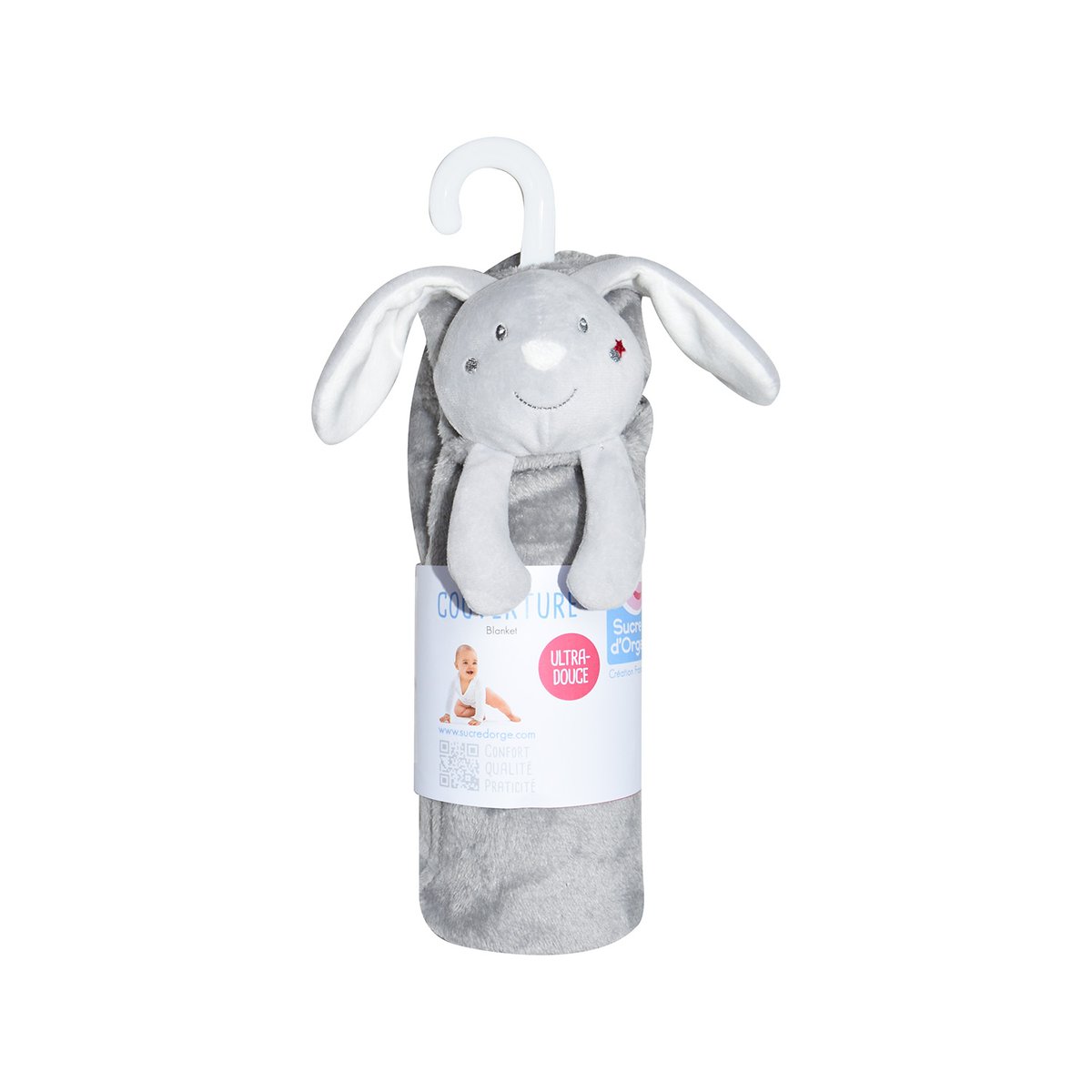 Couverture doudou 2 en 1 lapin farandole gris, SUCRE D'ORGE