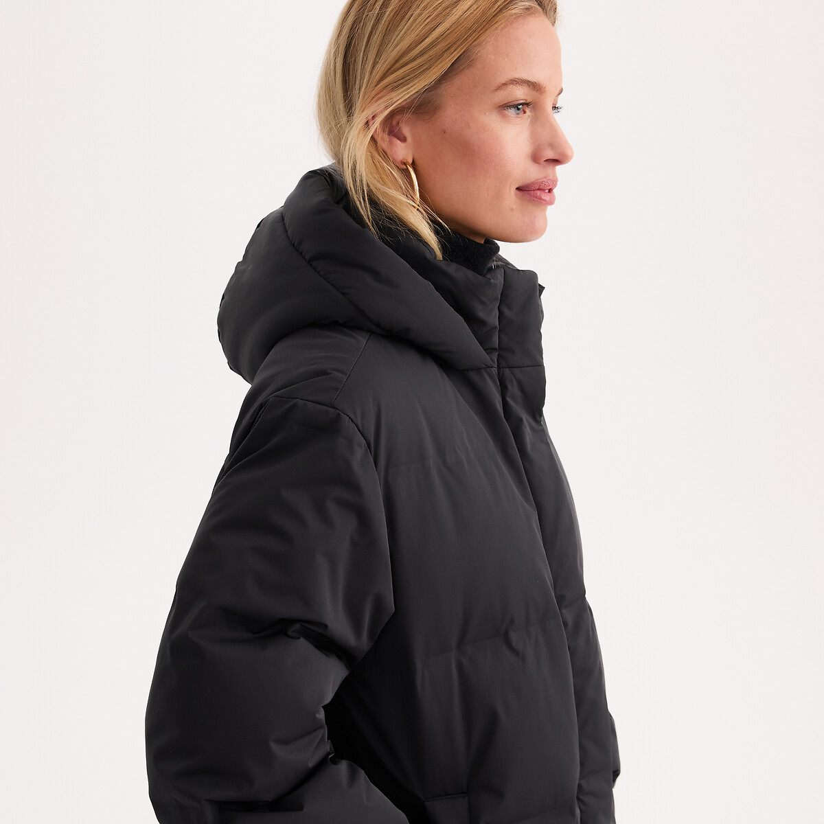 Doudoune courte matelassée, à capuche, rembourrage duvet et plumes, plein hiver noir, ANNE WEYBURN