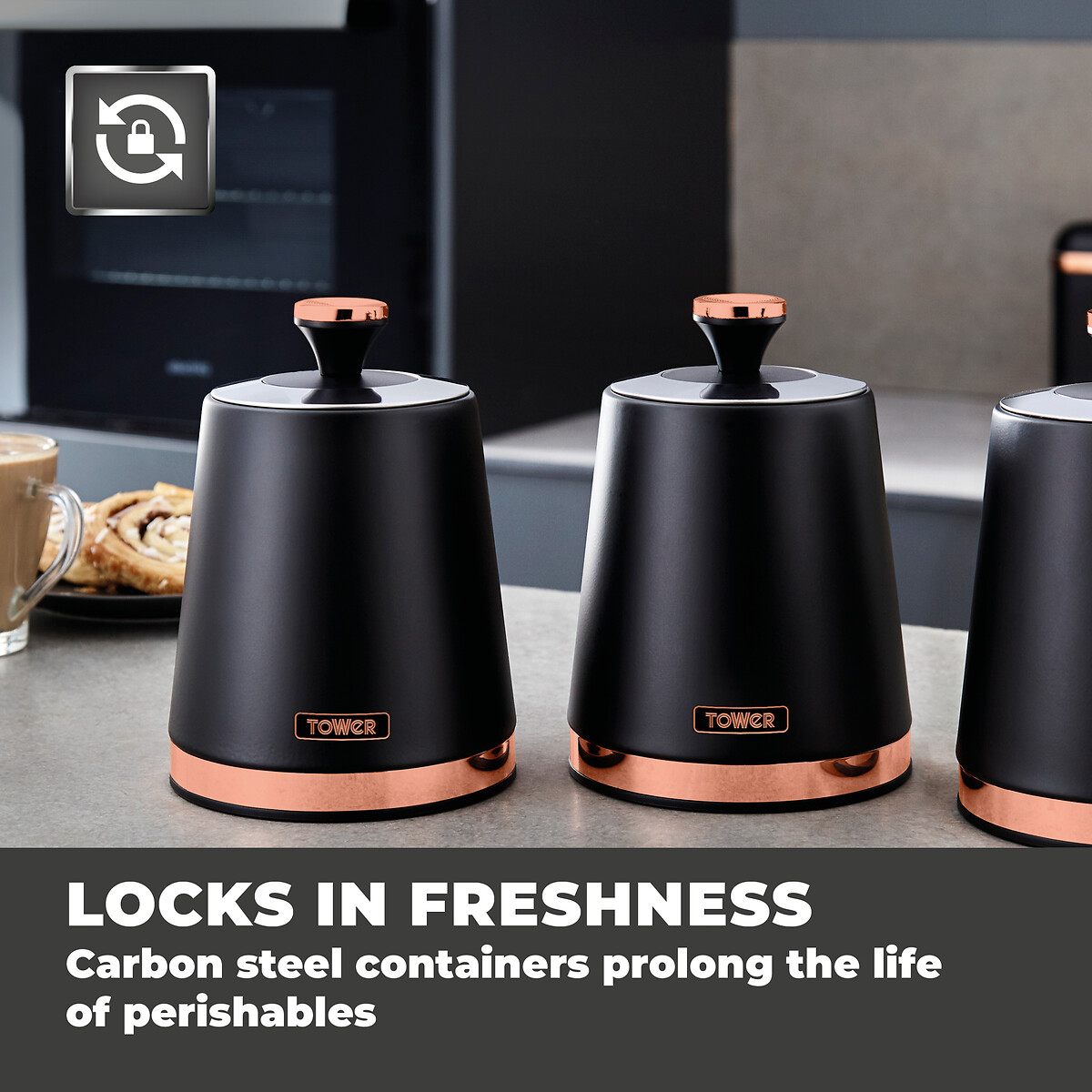 Set of 3 Cavaletto Tea Coffee Sugar Canisters black, TOWER