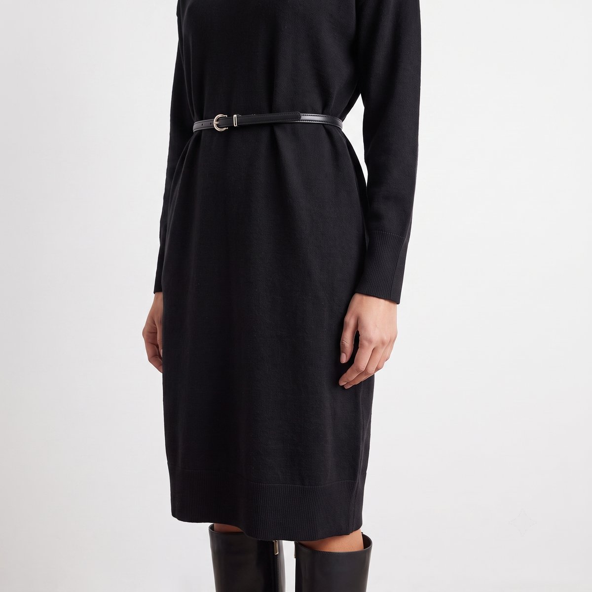 Robe femme midi maille ceinture amovible col rond ARALYS black, ARTLOVE