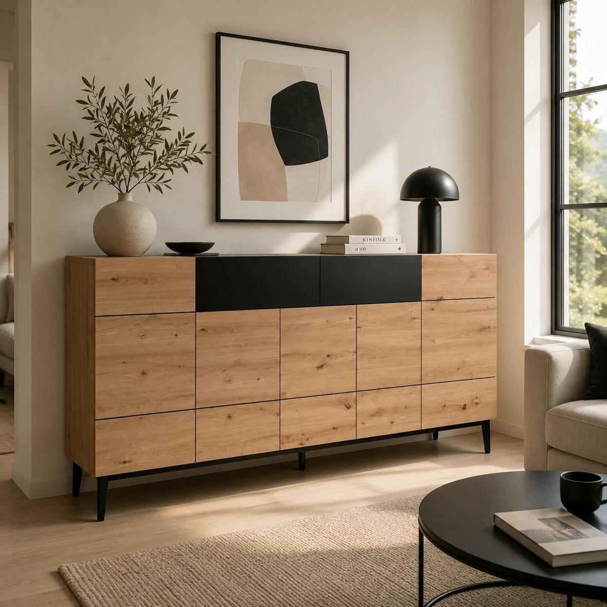 Buffet moderne 5 portes 1 tiroir décor bois et noir ALVA bois naturel, PIER IMPORT