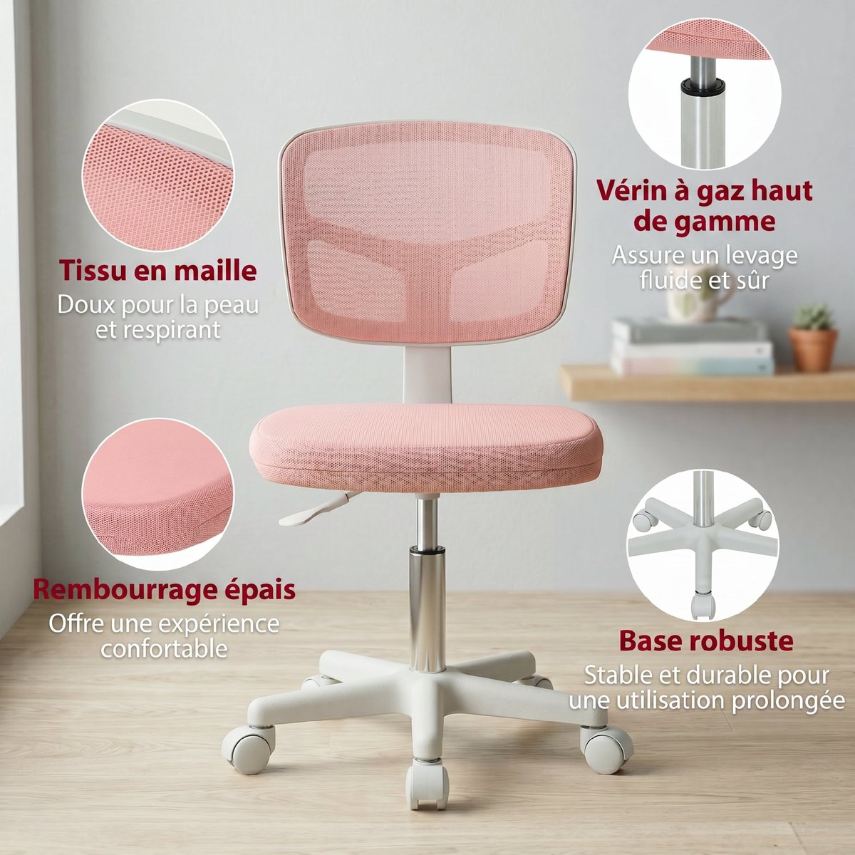 Chaise de bureau Tissu en maille Rose rose, HOMCOM