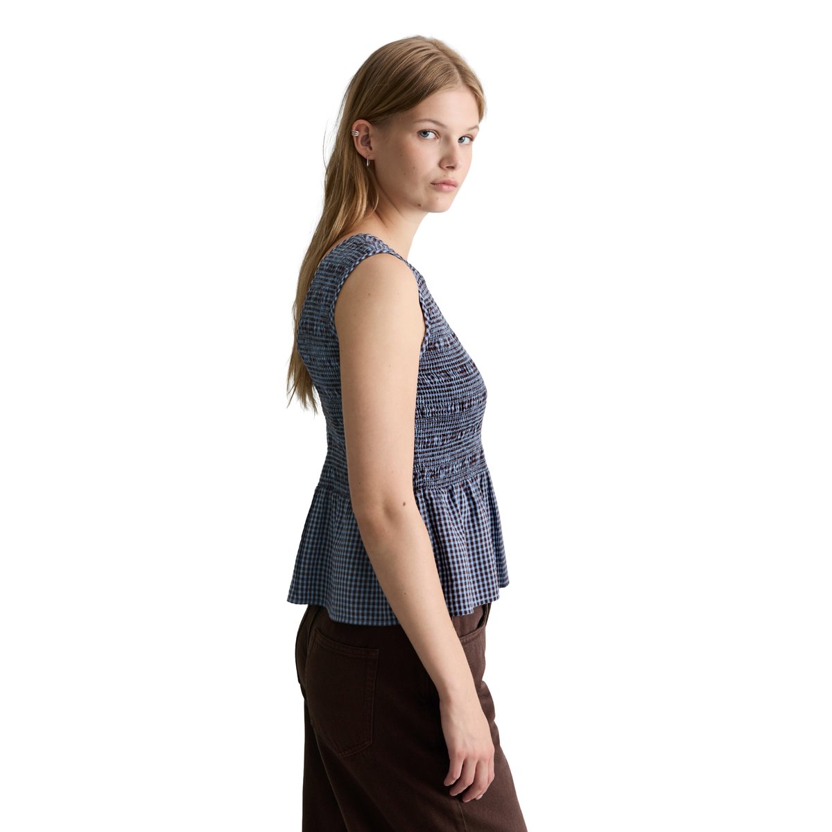 Top péplum en seersucker smocké slim en coton mélangé bleu clair, MARC O’POLO DENIM