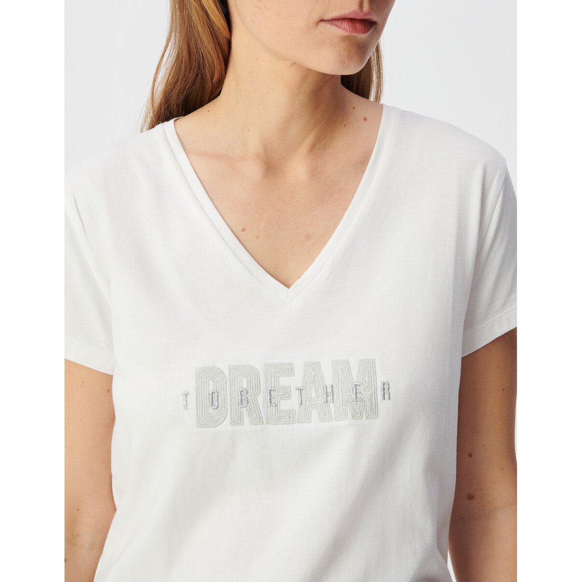 T-shirt col V manches courtes à message brodé blanc cassé, IKKS