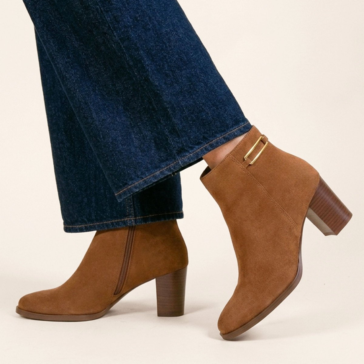 Bottines bijoux talon Zélie cuir daim cognac, JULES & JENN
