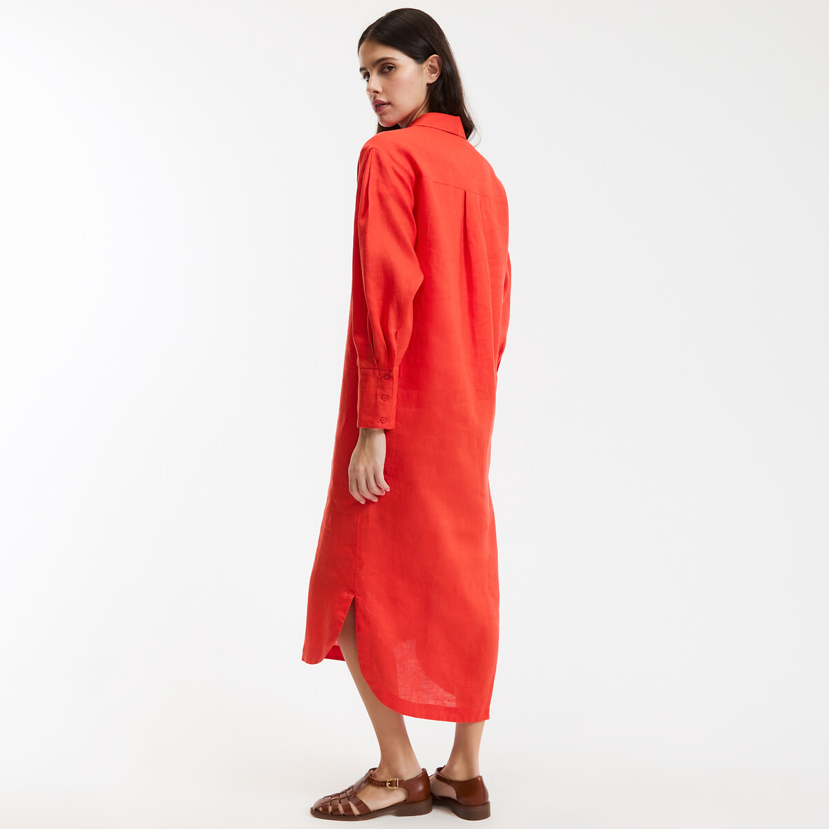 Robe-chemise droite, en lin, longue, manches longues rouge grenadine, LA REDOUTE COLLECTIONS