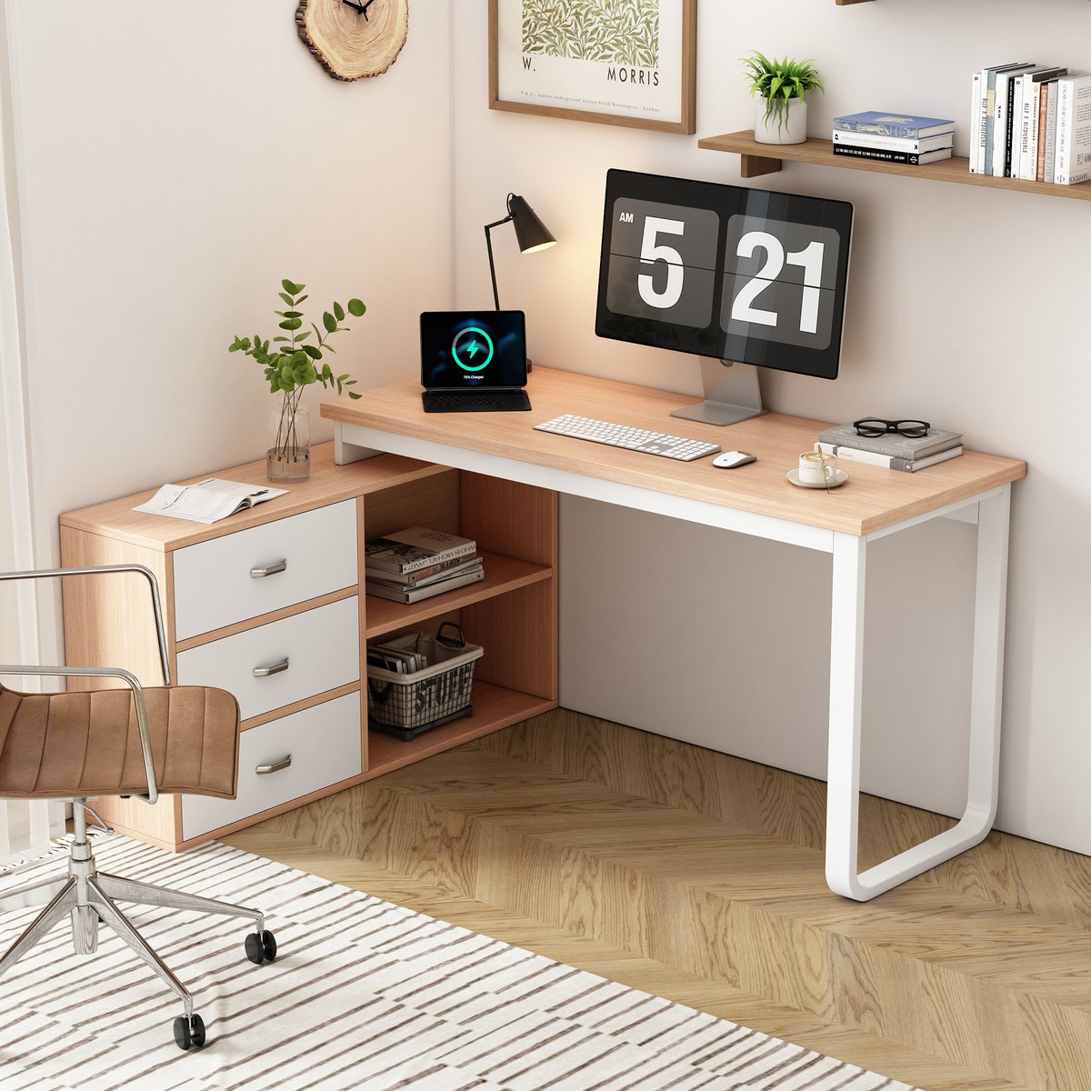 Bureau multifonction L-type avec 3 tiroirs et 2 niches style industriel, DOBBY hêtre, MEUBLES COSY