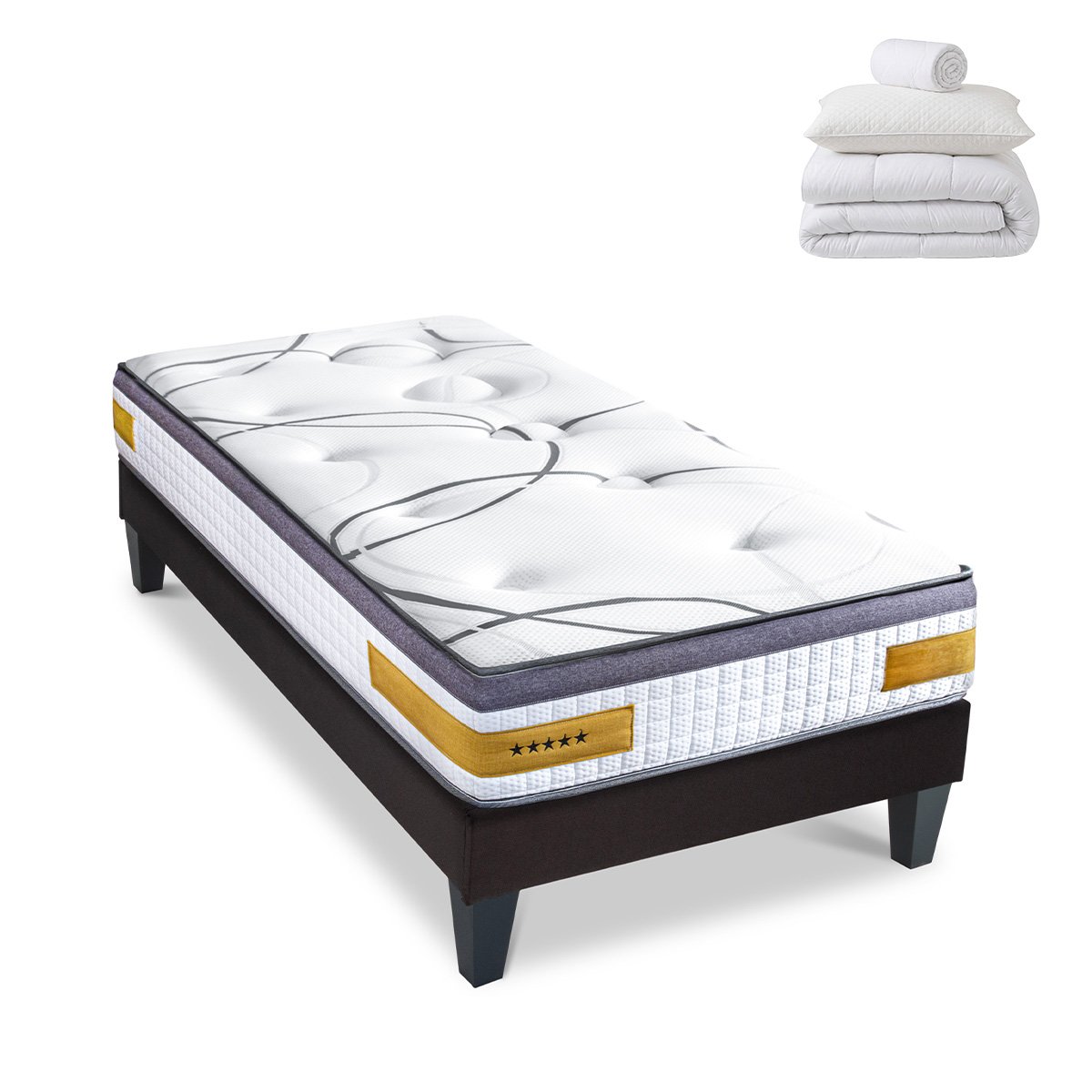 Prêt-à-dormir COPENHAGUE avec Sommier, Couette, Oreillers et Protège-matelas - 24 cm d'épaisseur - Accueil équilibré, soutien ferme blanc, BELLECOUR