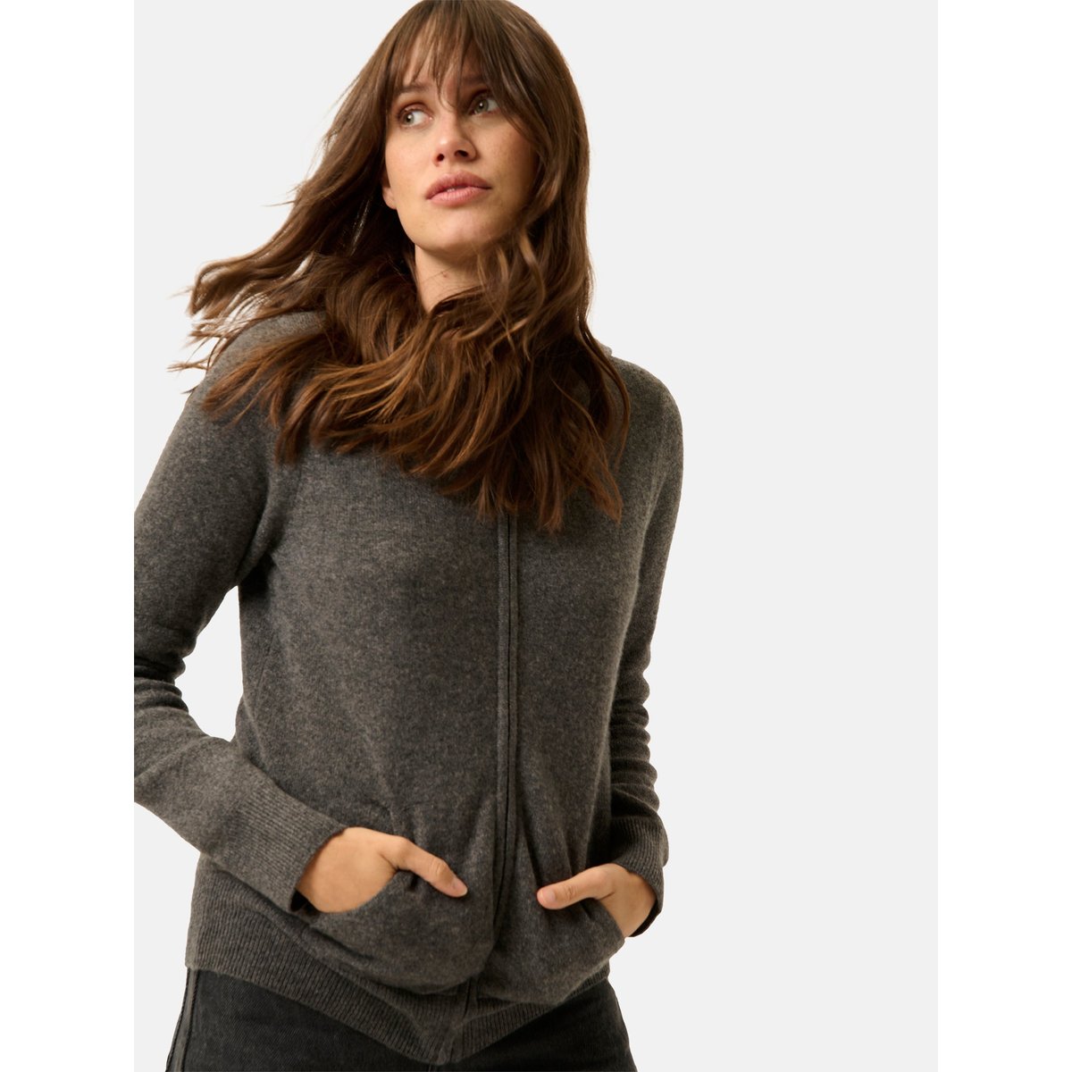Gilet Zippé Capuche Anthracite Chiné Debbie gris anthracite chiné, JUST CASHMERE