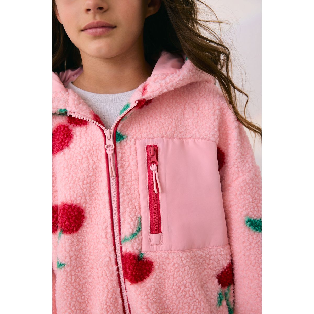 Veste à capuche en peau lainée zippée rose/rouge cerise, NEXT