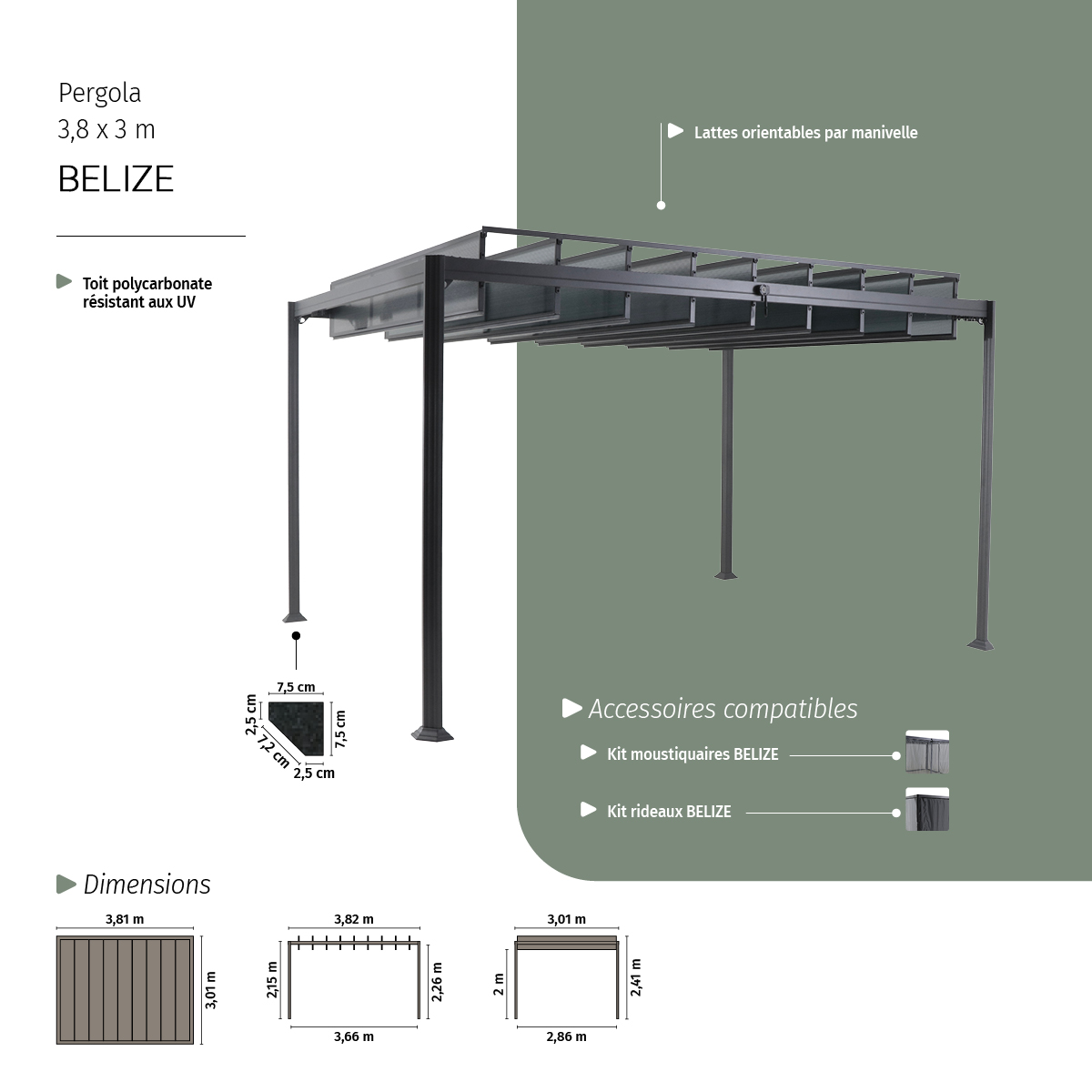 Pergola en aluminium toit polycarbonate à lattes orientables 3,8x3m BELIZE gris, HESPERIDE
