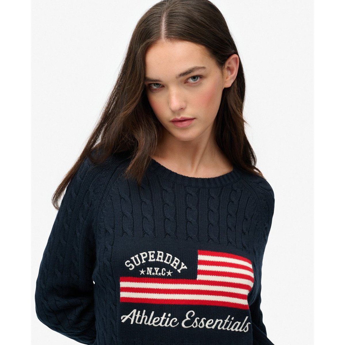 Pull ample en maille torsadée Flag bleu marine profond, SUPERDRY