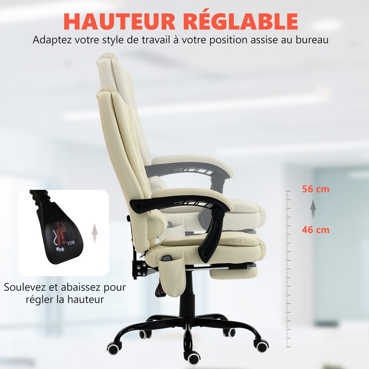 Fauteuil de bureau avec fonction massage beige, HOMCOM