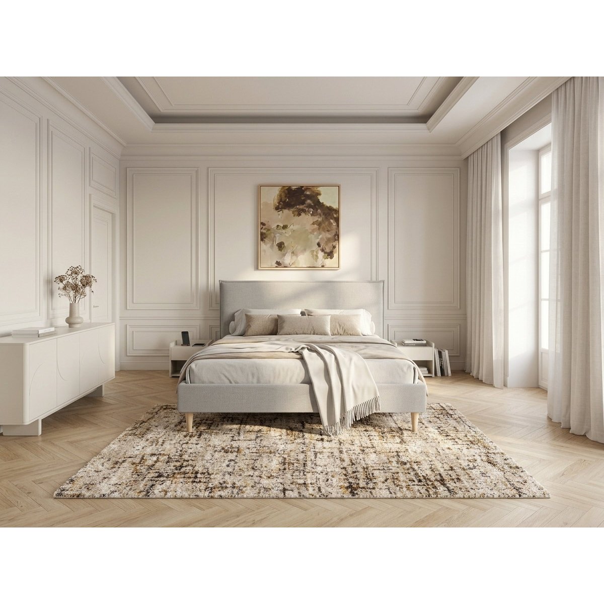 Lit bois revêtement tissu, SARY gris, BOBOCHIC