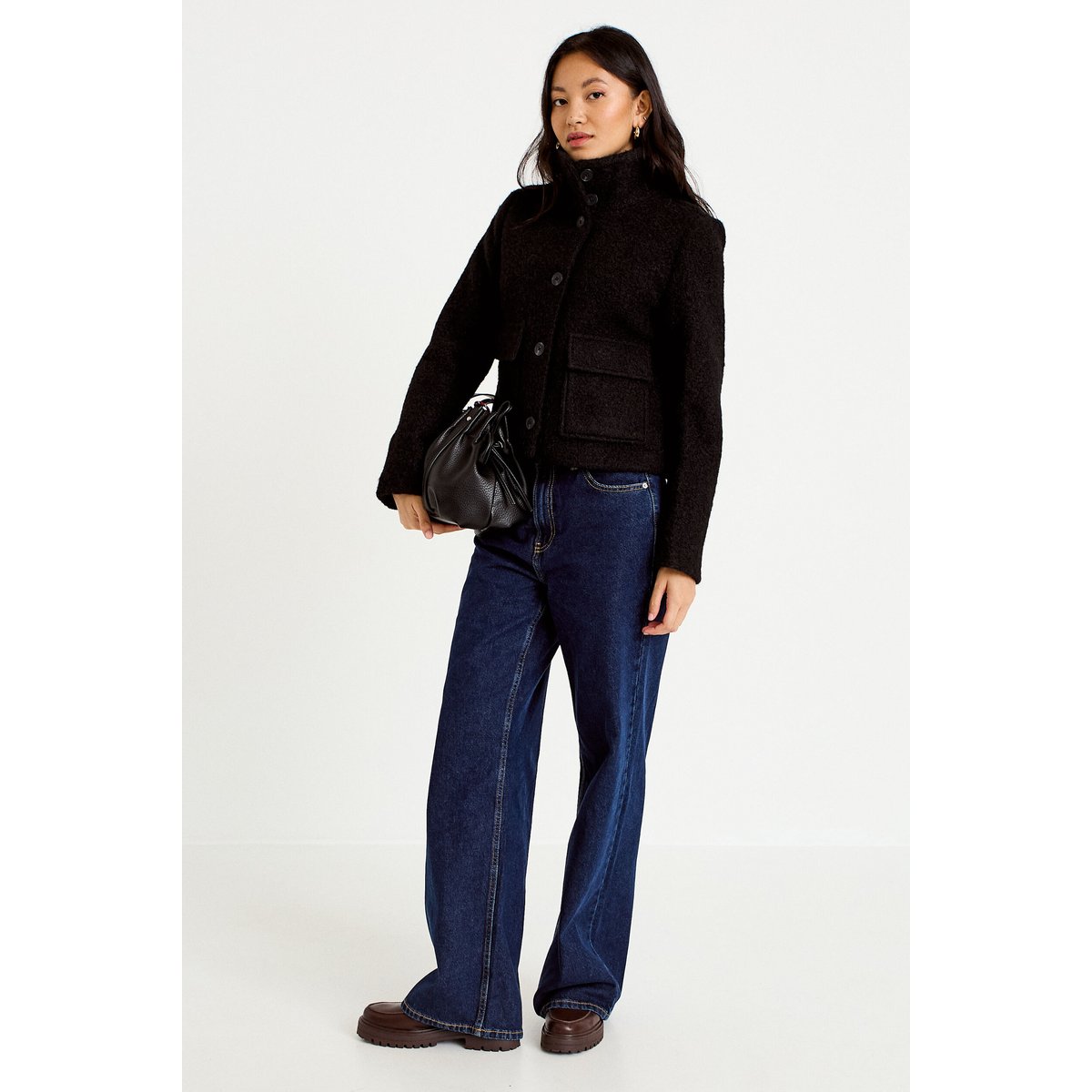 Veste droite bouclette col montant noir, CACHE CACHE