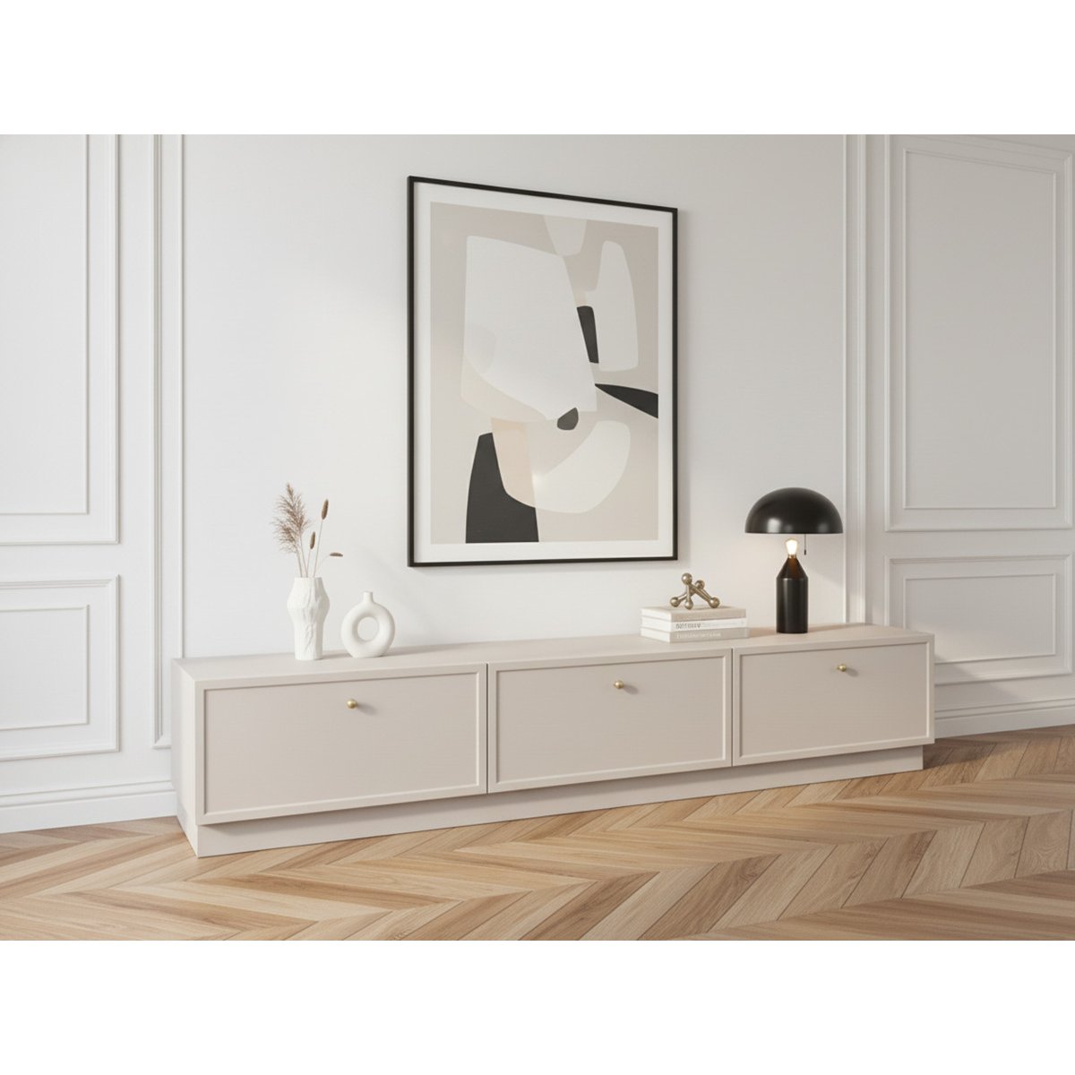 Meuble TV 200 cm panneaux de particules, LORINA beige, BOBOCHIC