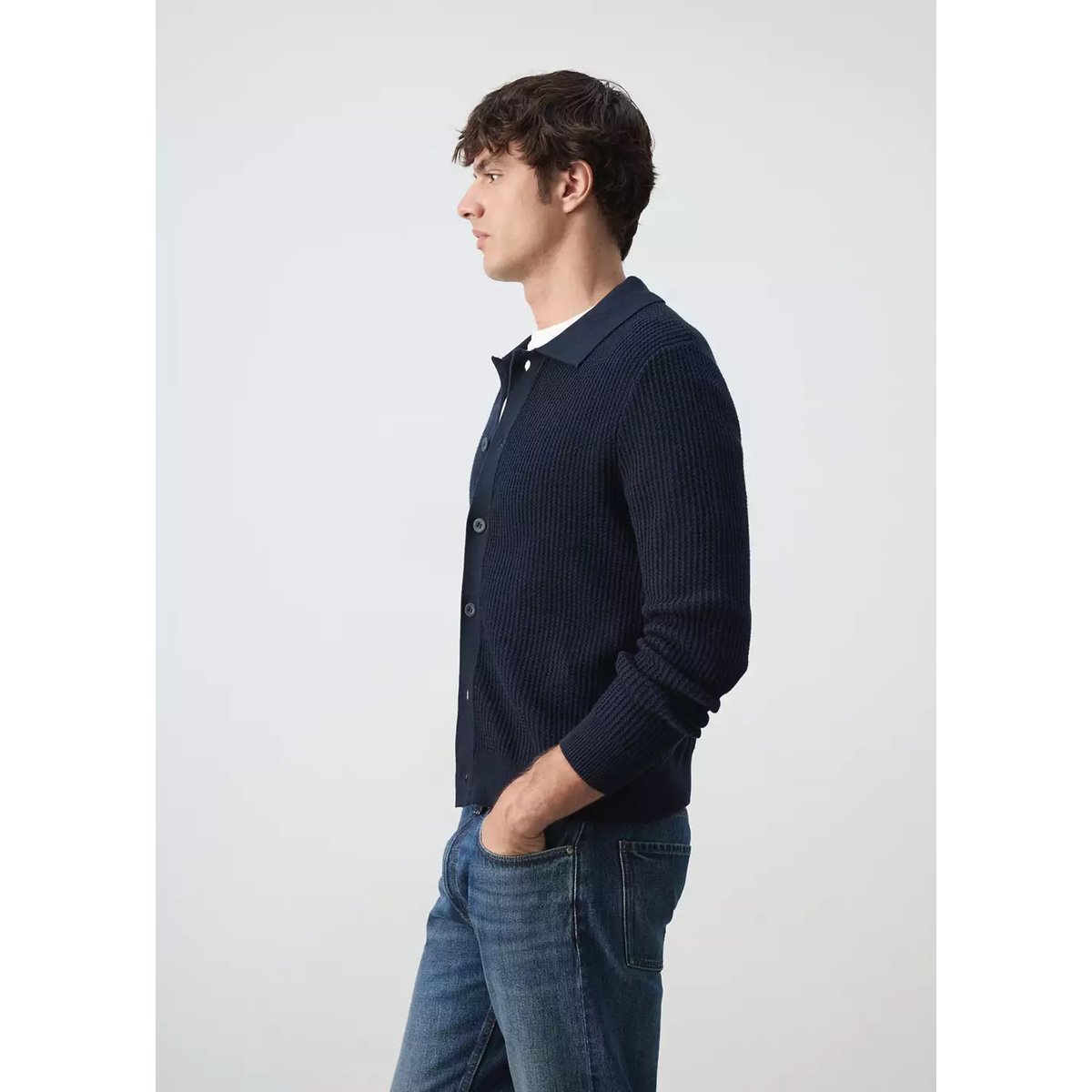 Cardigan tricot texturé bleu marine, MANGO MAN