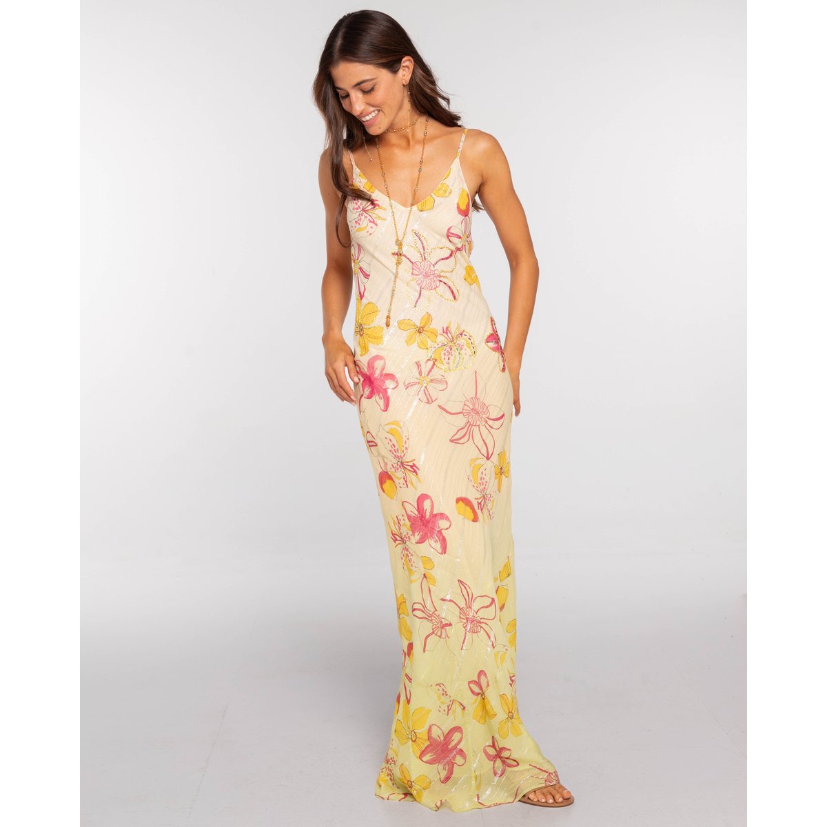 Robe longue à imprimé fleuri et broderie main imprimé, THE-ARE