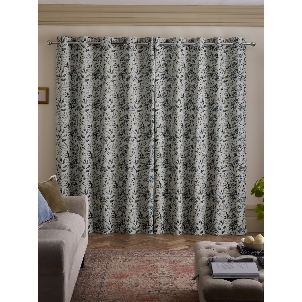 Rideaux en jacquard à œillets honesty leaf bleu/marron, NEXT