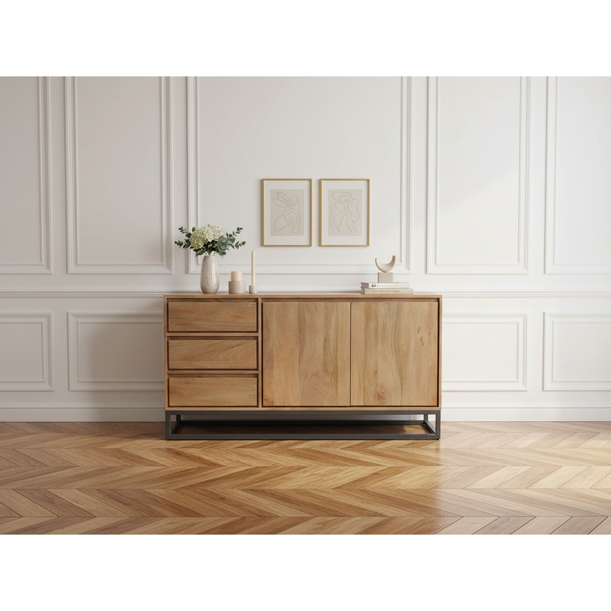 Buffet bas en bois massif 2 portes 3 tiroirs 150 cm, BERGERAC marron clair, BOBOCHIC