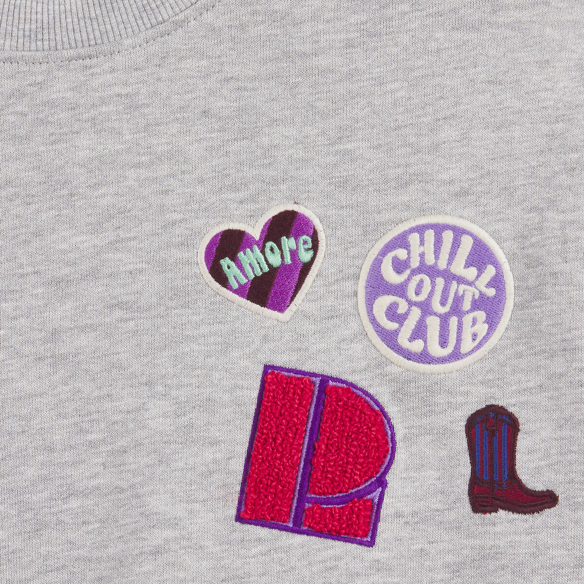 Fleece Crew Neck Sweatshirt with Embroidered Badges grey marl, LA REDOUTE COLLECTIONS
