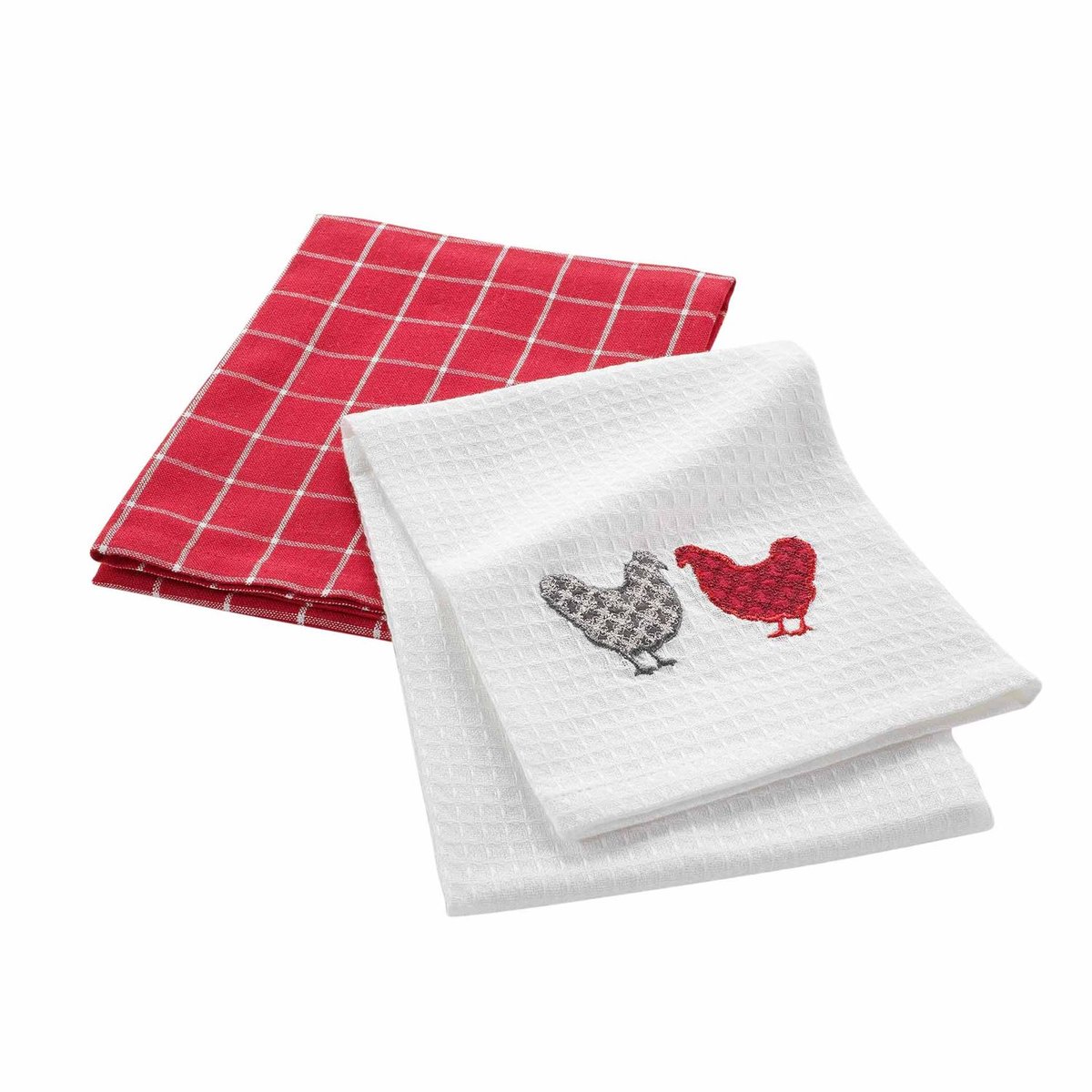 Lot de 2 torchons de cuisine imprimés poules PLUMETTE rouge, TOILINUX