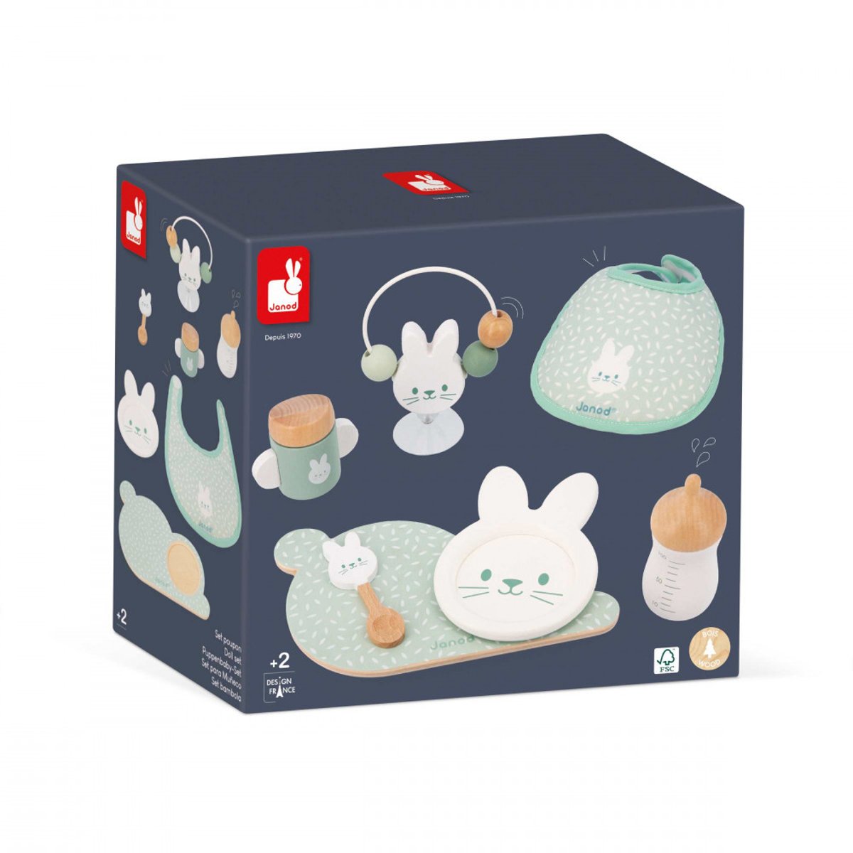 Set repas Zen en bois pour poupon vert d'eau, blanc, bois, JANOD