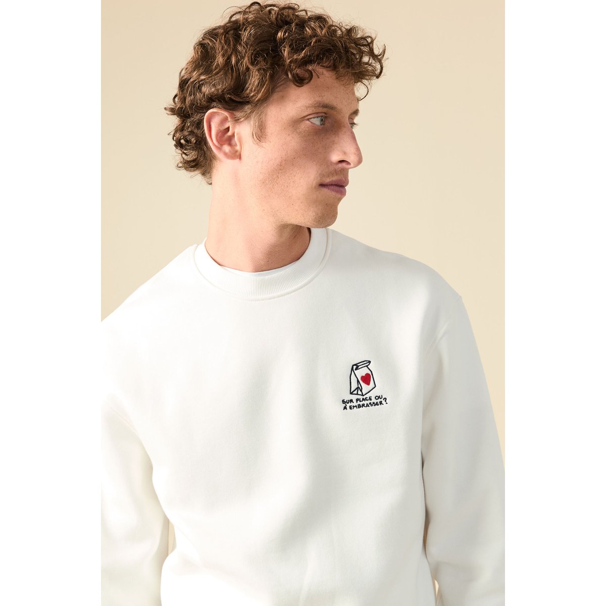 Sweat ras de cou manches longues brodé ecru, BONOBO
