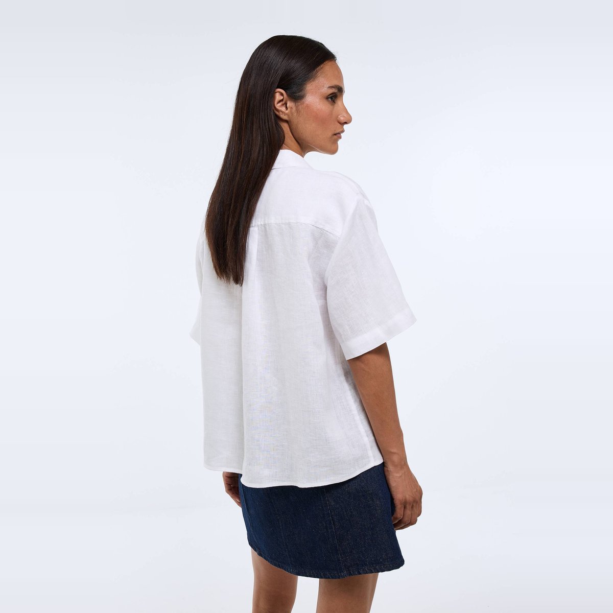 Chemise manches courtes unie en lin blanc, MONOPRIX