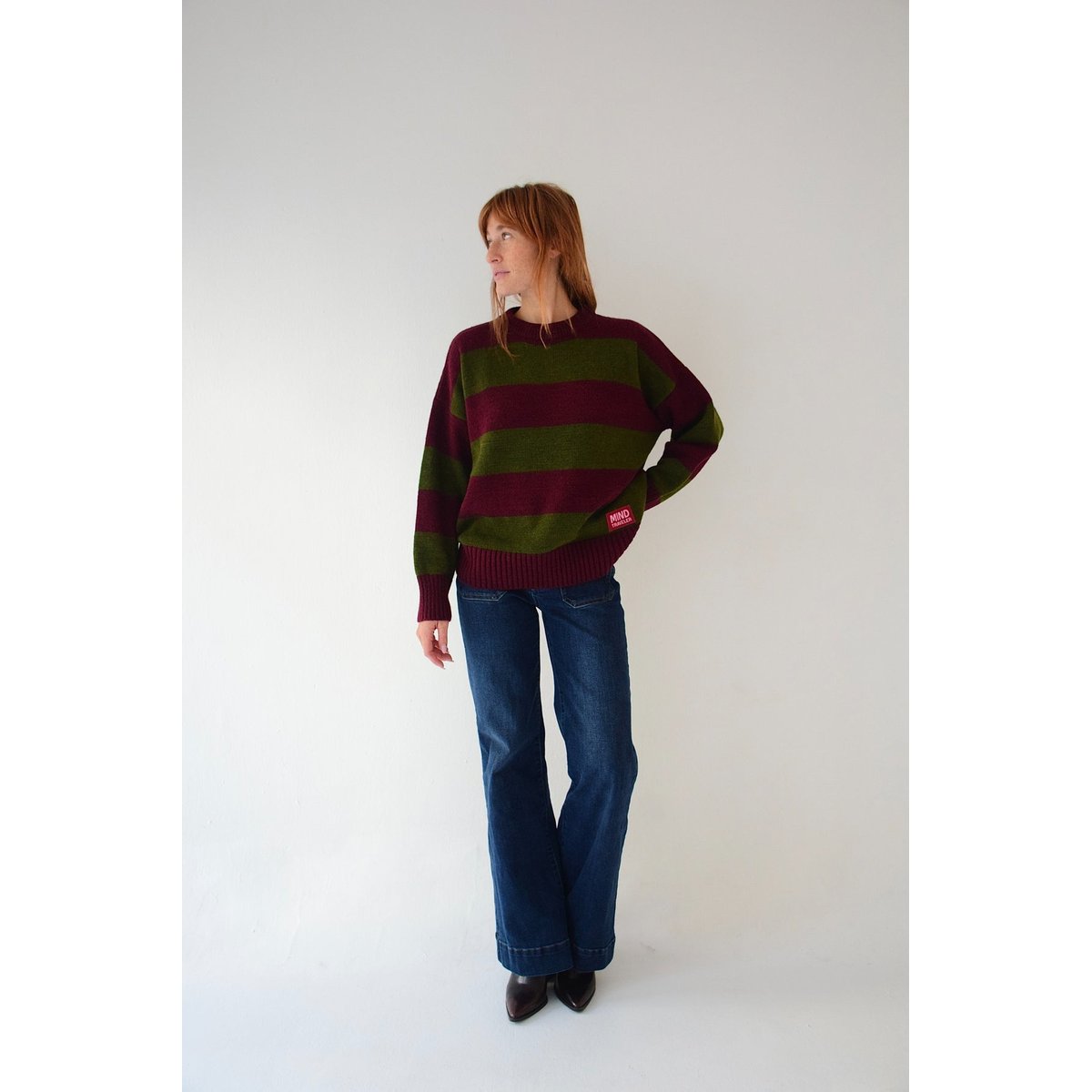 Pull rayé col rond ALEX kaki / bordeaux, MINDTRAVELER