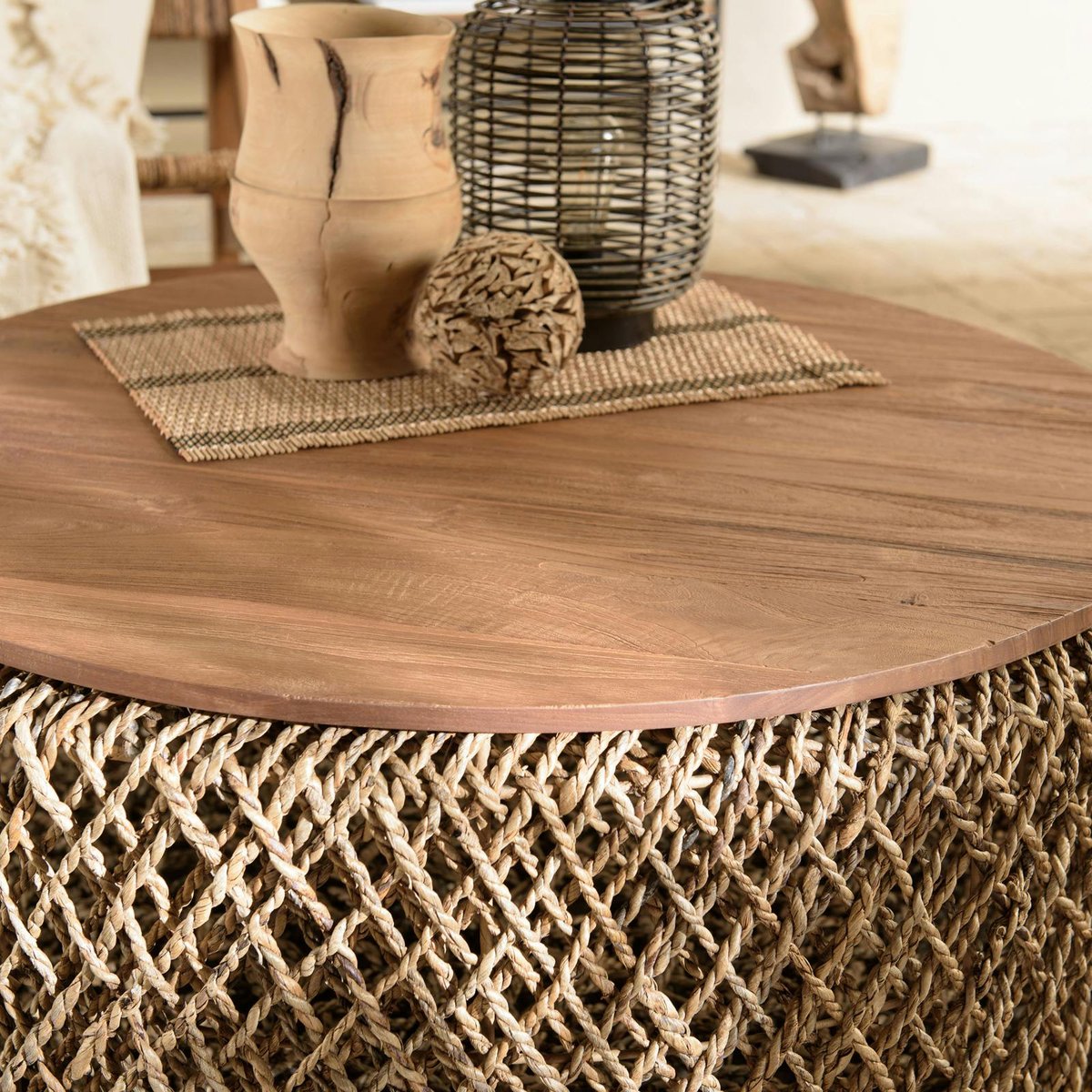 Table basse ronde 83 cm fibre tressée et bois SWING bois naturel, PIER IMPORT