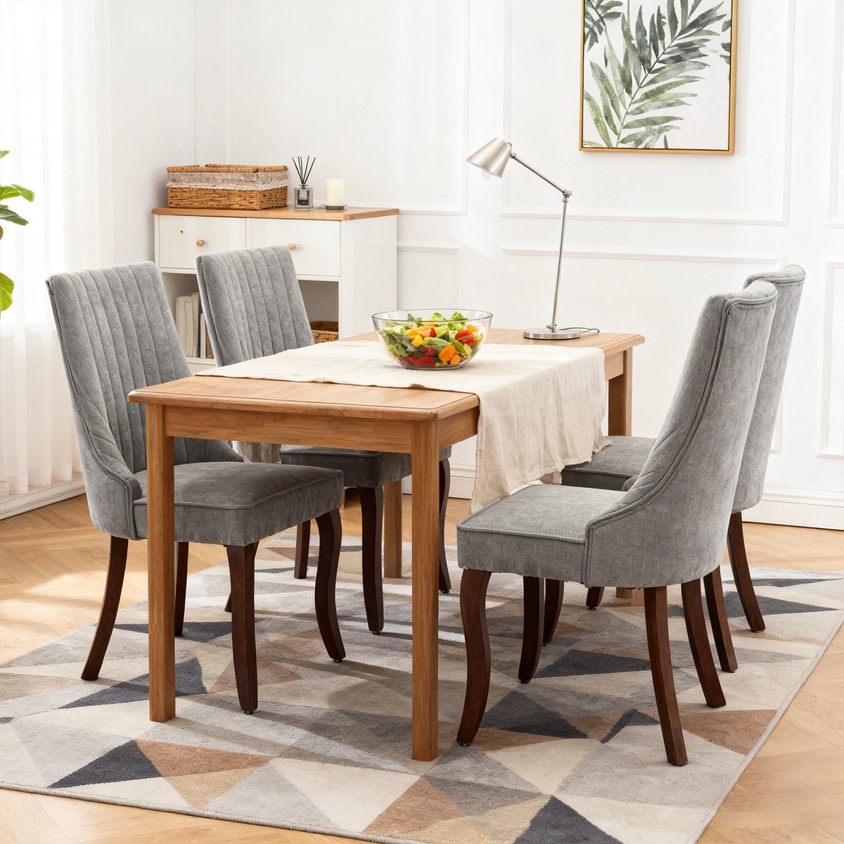 Lot de 4 chaises de salle à manger en tissu chenille avec pieds bois, GERRYB gris, MEUBLES COSY