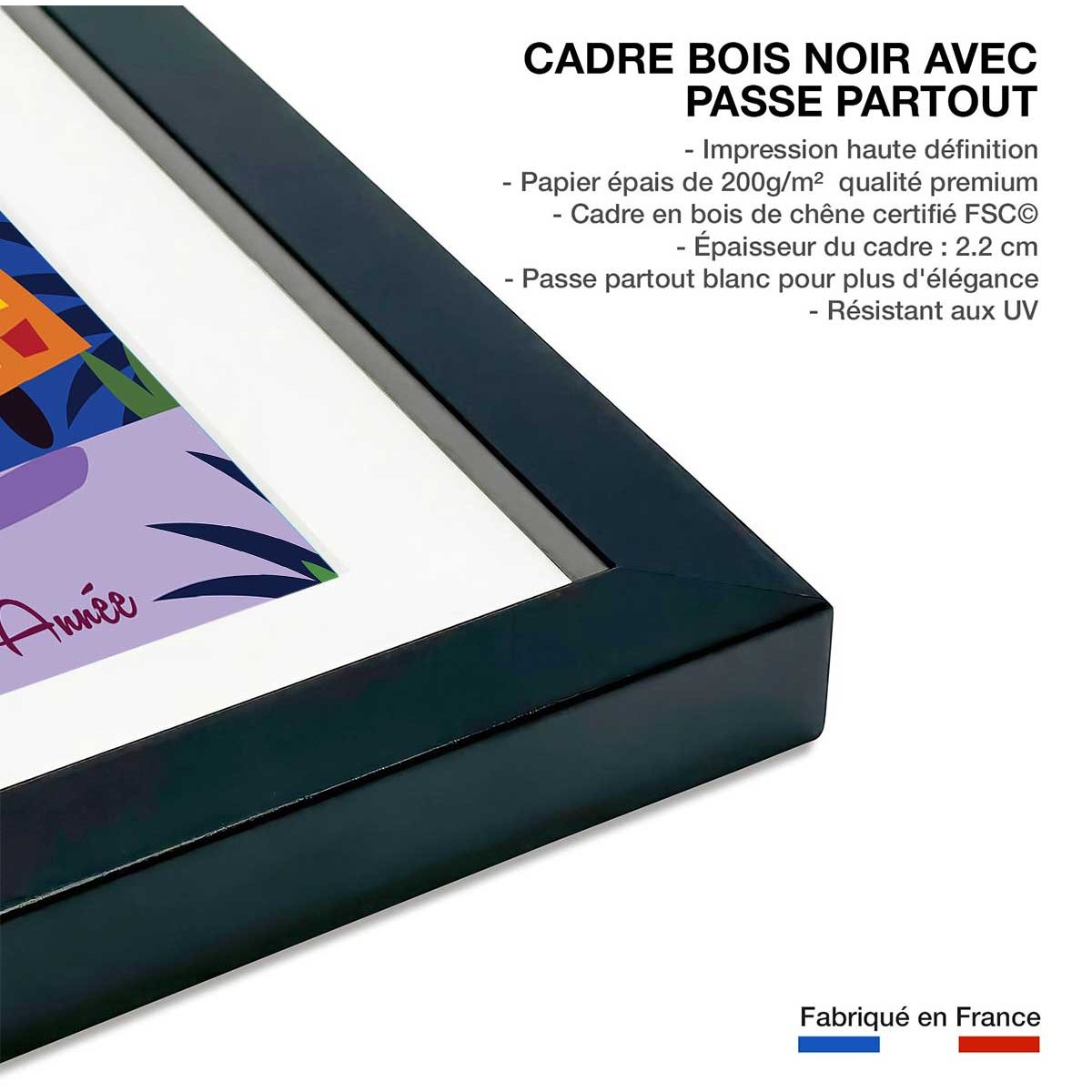Poster retro le soleil de la cote d'azur affiche + cadre en bois - noir, HEXOA