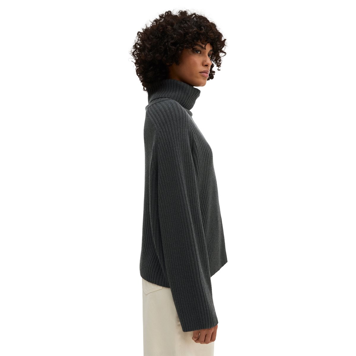 Pull à col roulé côtelé loose en doux mélange de laine vierge gris foncé, MARC O'POLO