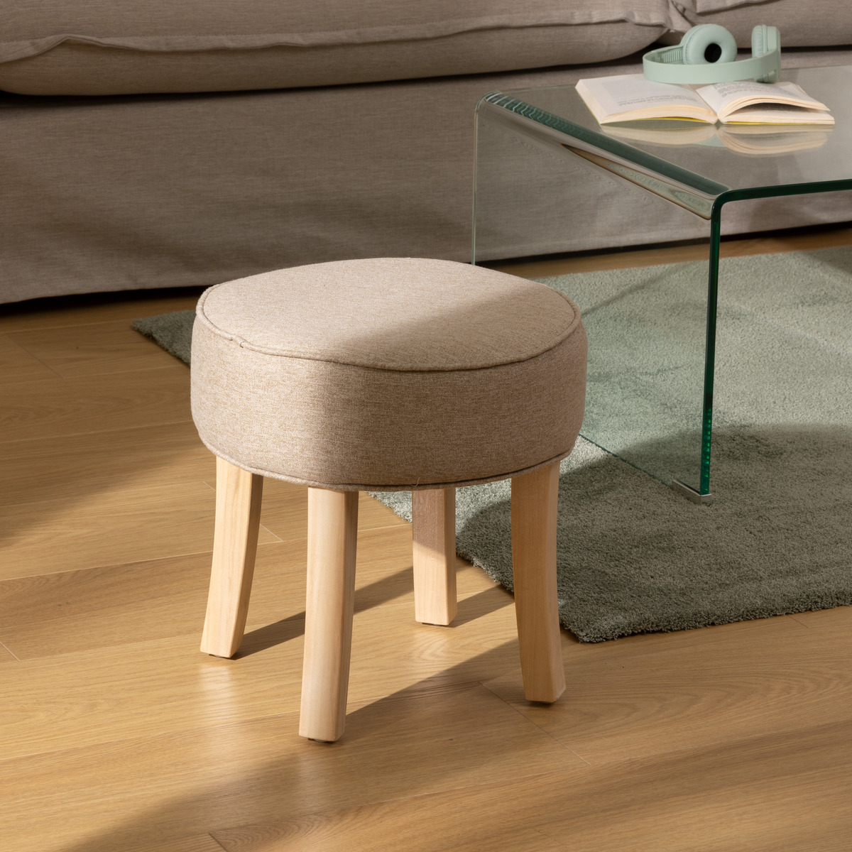 Tabouret rond capitonné en tissu piètement peuplier ADRIEL beige, ATMOSPHERA