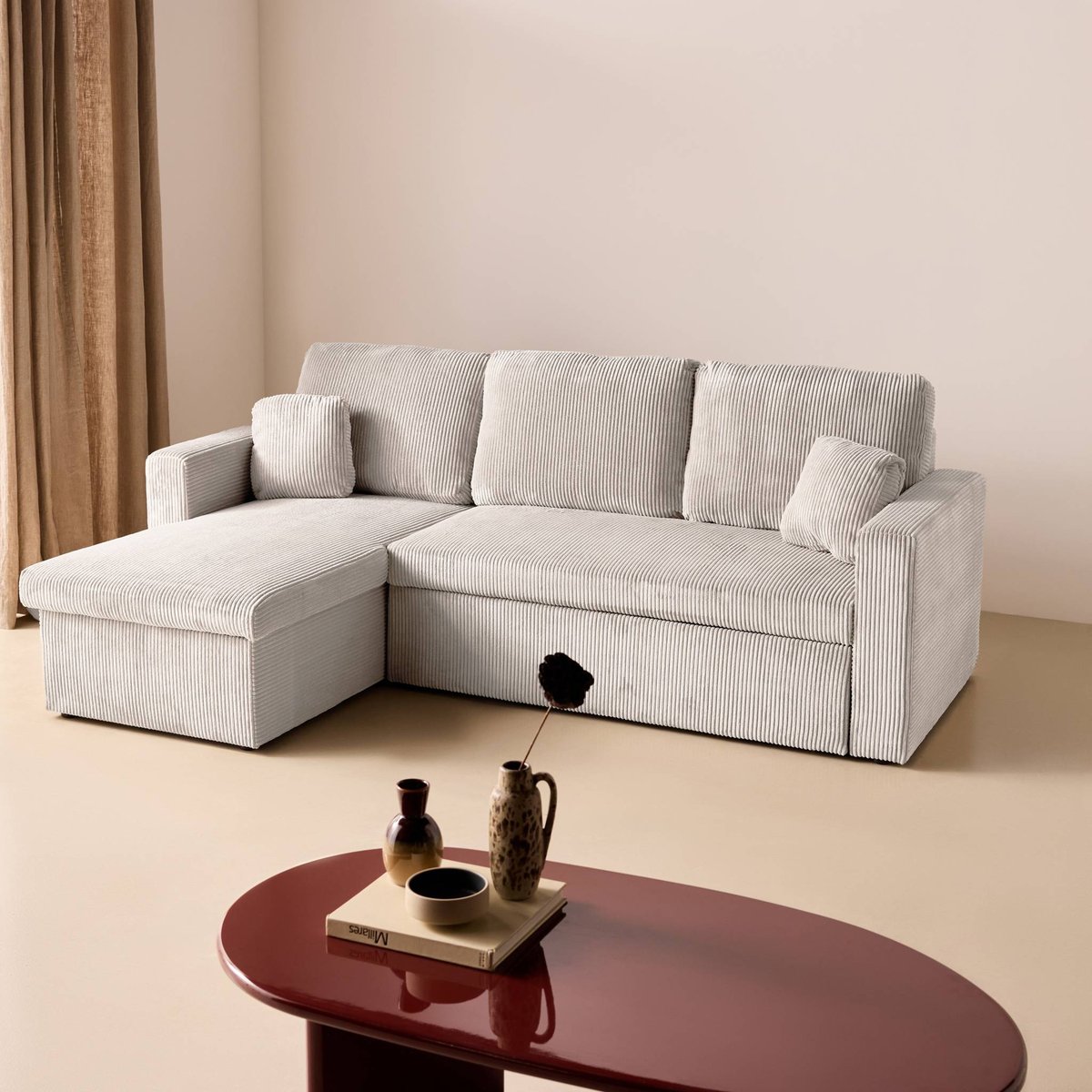 Canapé d'angle convertible réversible 3 places velours côtelé grosse côte avec coffre IDA gris foncé, SWEEEK