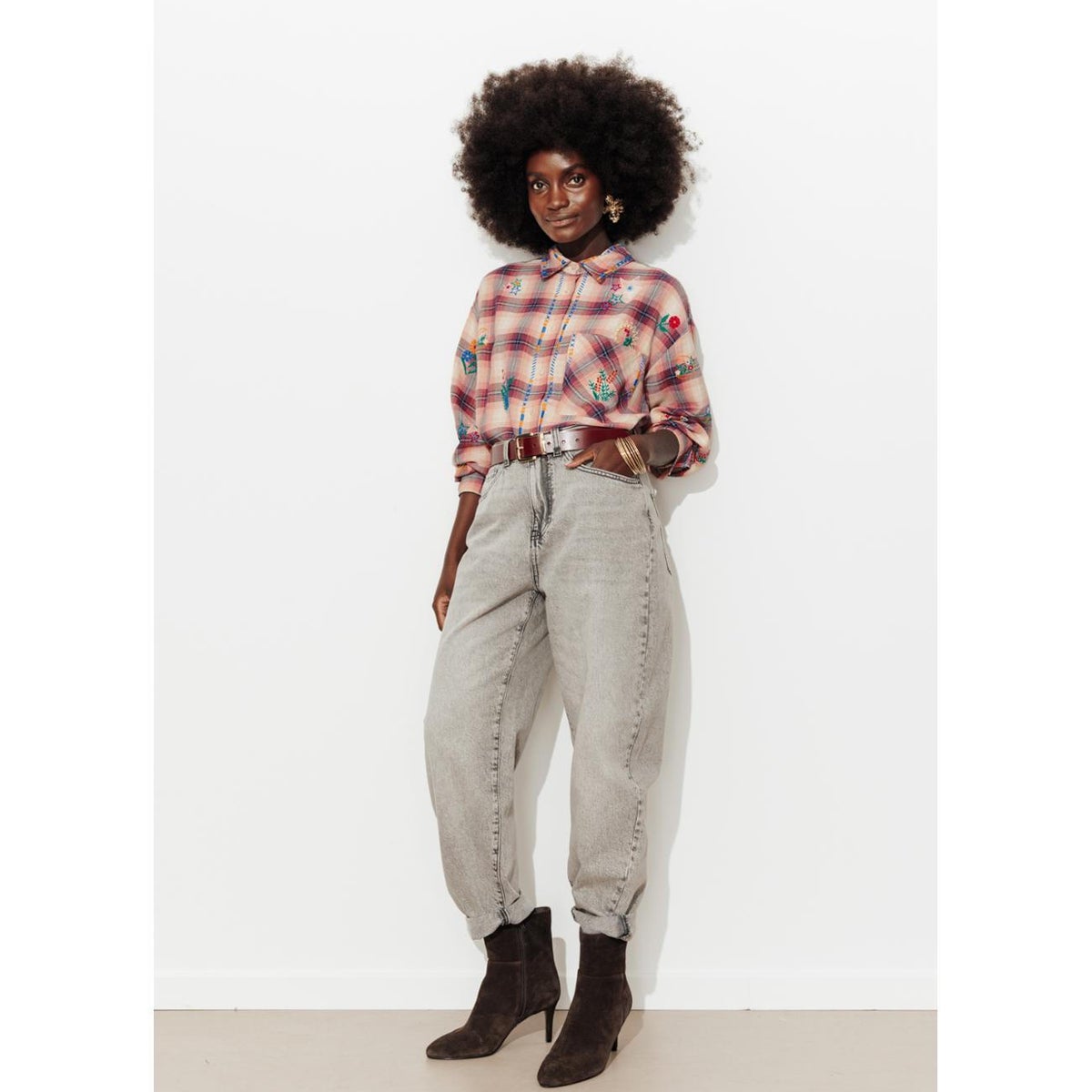 Chemise carreaux brodée carreaux multicolores, PROMOD