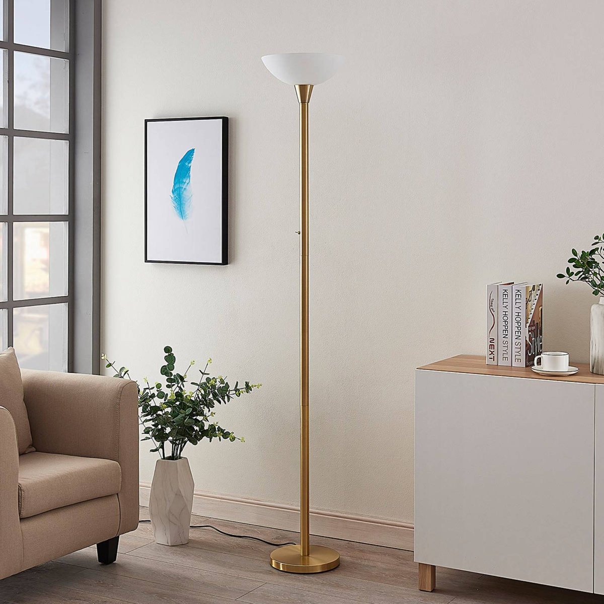 Lampadaire en métal moderne, Ignacia laiton mat, blanc, LINDBY