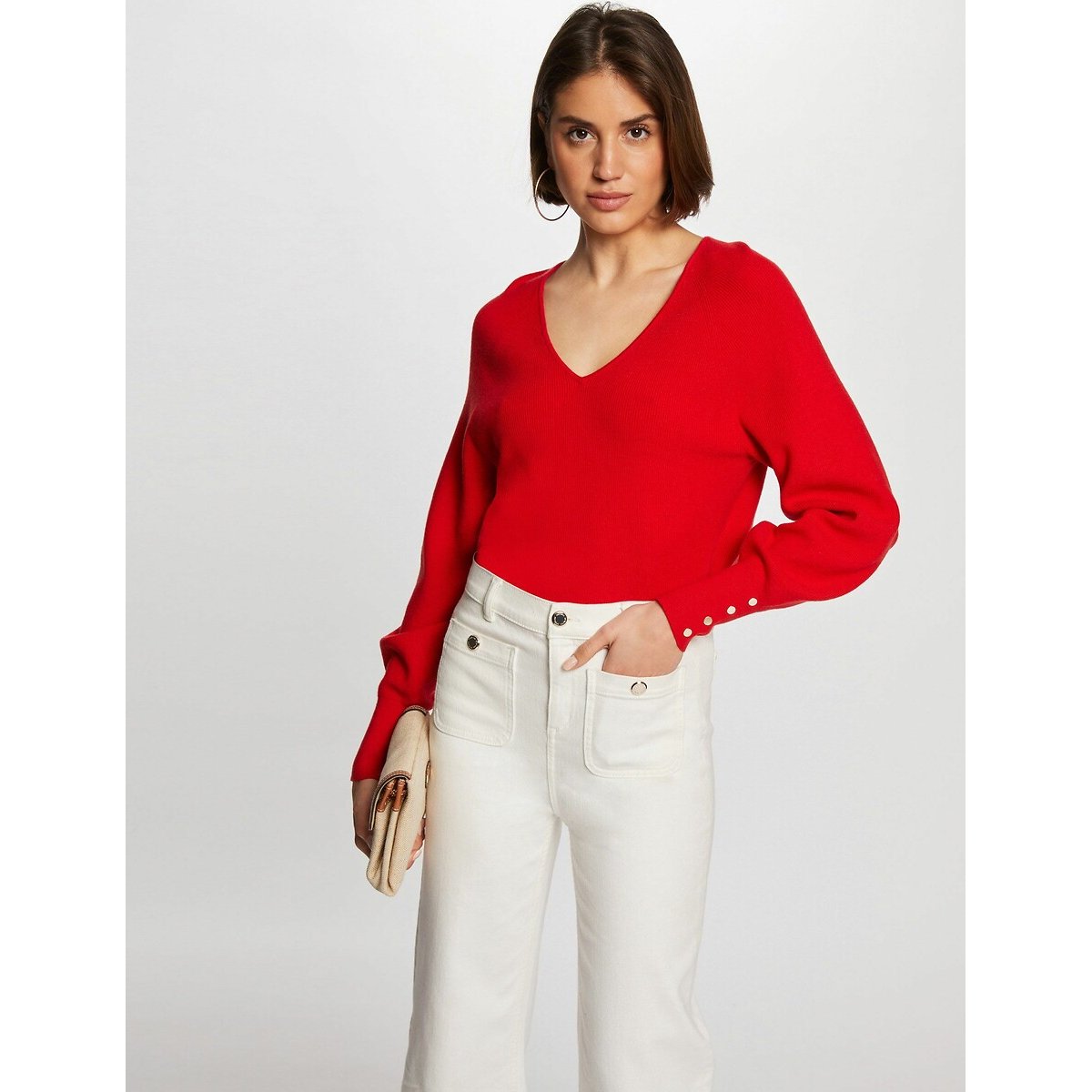 Pull col V en fine maille rouge, MORGAN