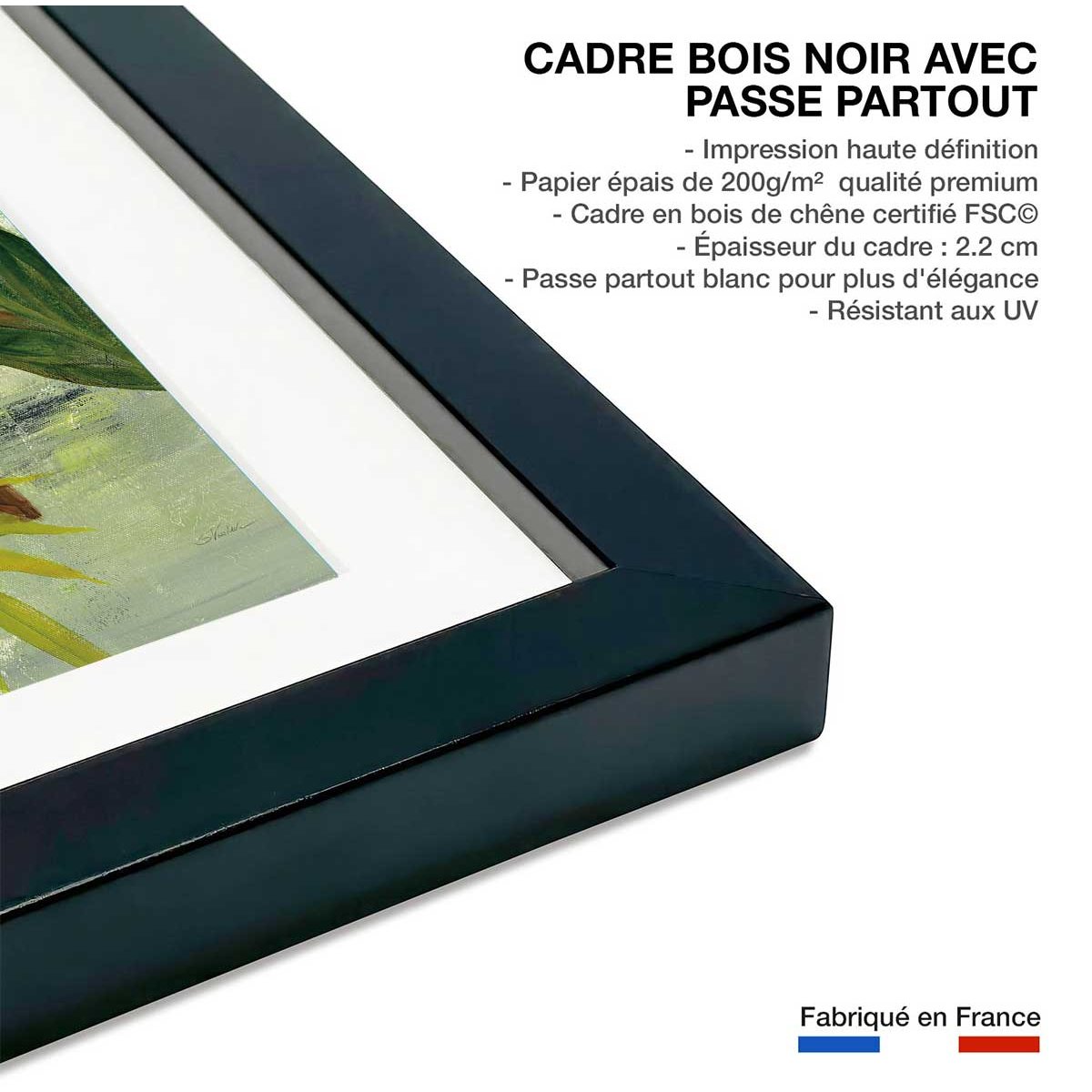 Poster Feuillage tropical affiche + cadre en bois - noir, HEXOA