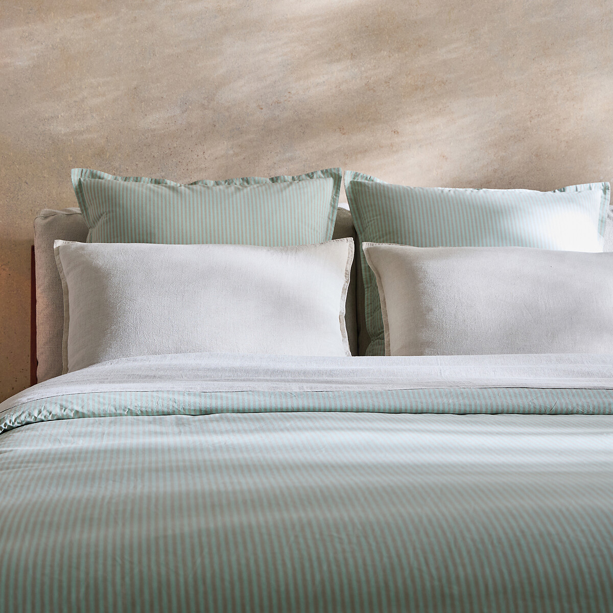 Taie d'oreiller en percale lavée 120 fils, VALLI rayé menthe / bronze, AM.PM