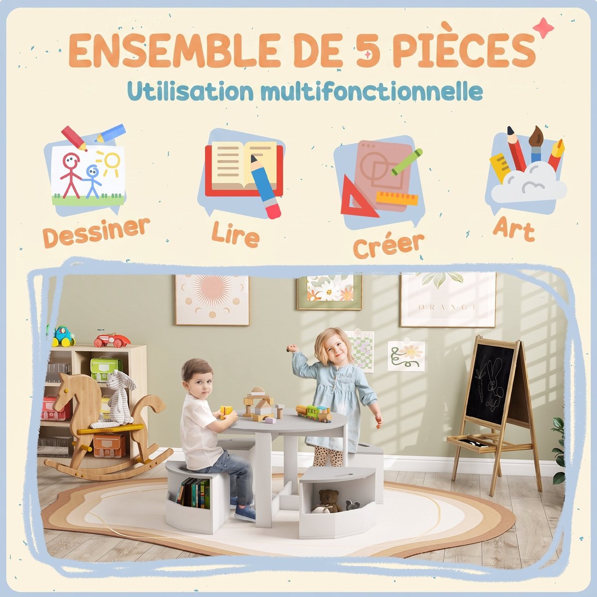Ensemble table et chaises pour enfants MDF couleur unique, AIYAPLAY
