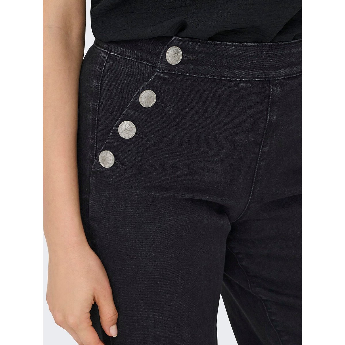 Jean large taille haute, avec boutons côtés denim noir, ONLY