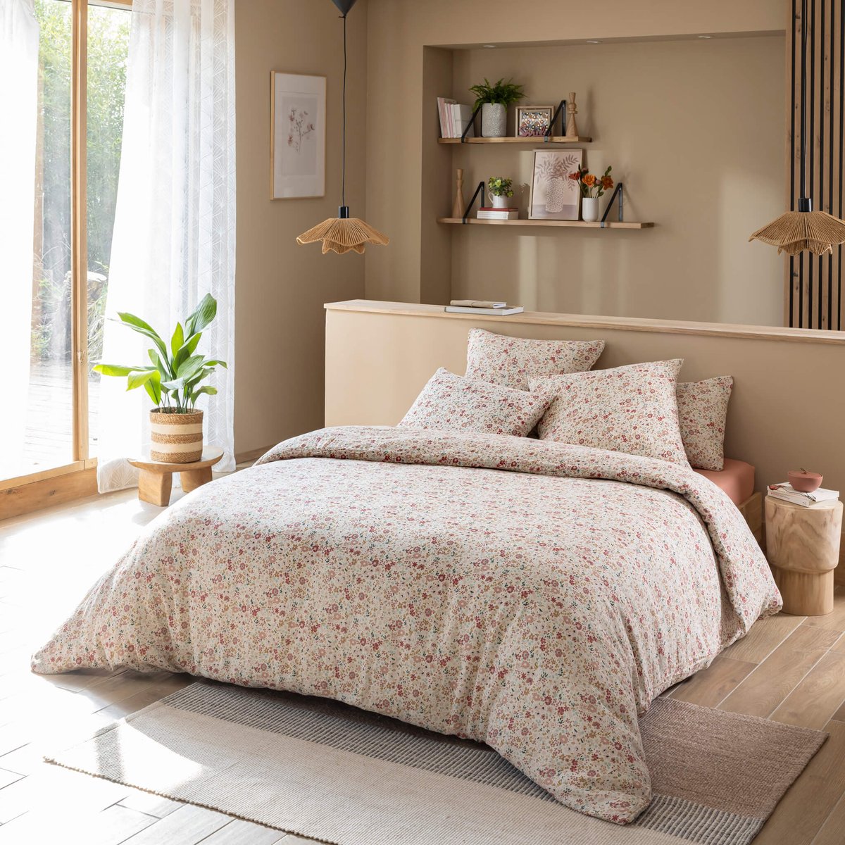 Housse de couette gaze de coton floral vieux rose, TERRE DE NUIT