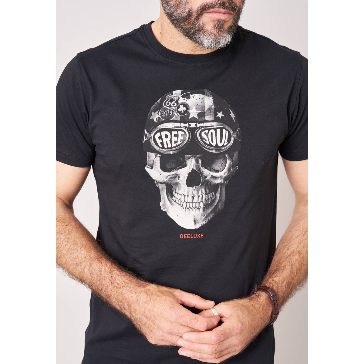T-shirt regular homme en jersey 100% coton imprimé crâne avec casque et lunettes DEKARIO noir, DEELUXE