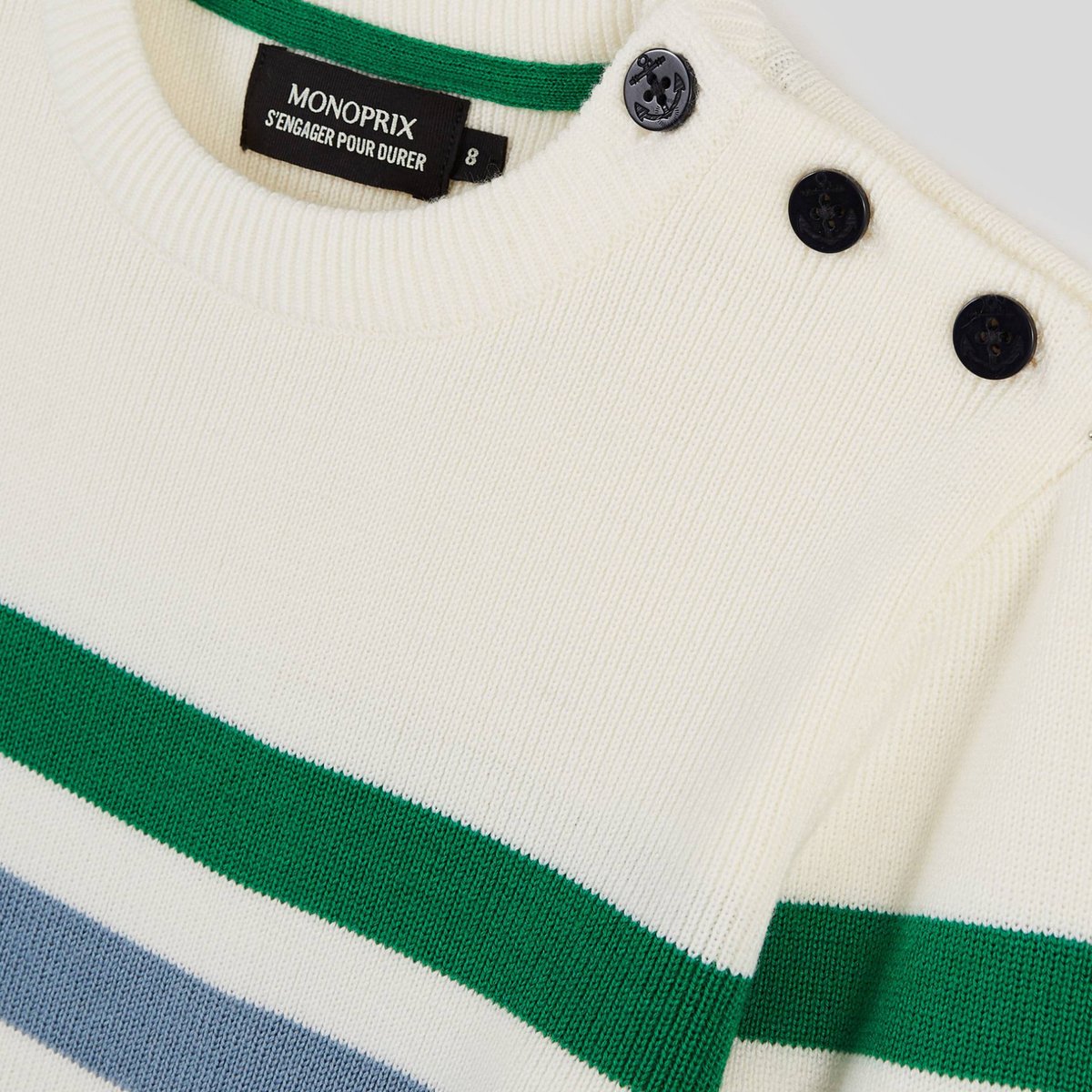 Pull marinière avec boutons sur l'épaule en laine fern, MONOPRIX